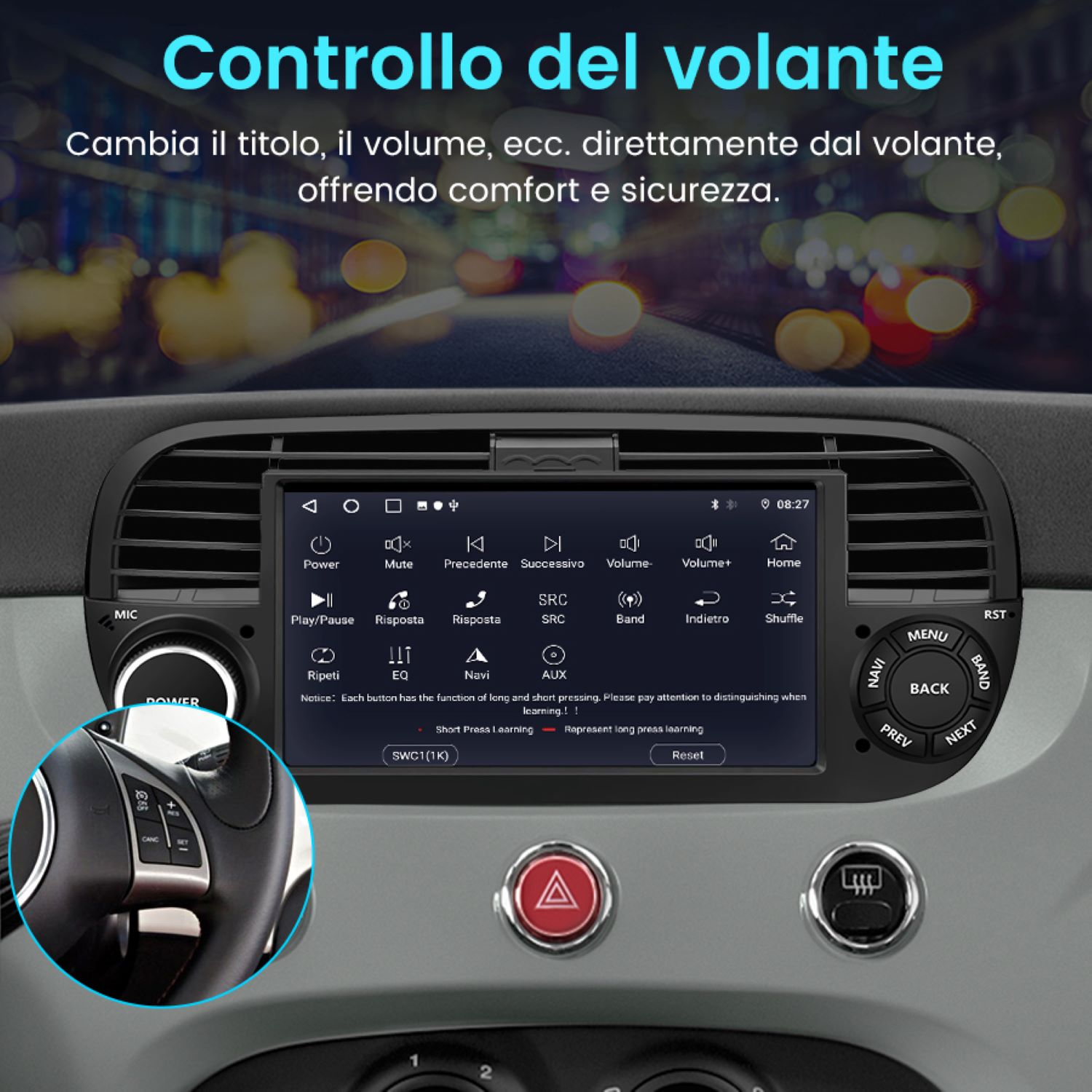 Cruscotto di un'auto con schermo che mostra impostazioni e controlli. Un volante è nell'angolo.
