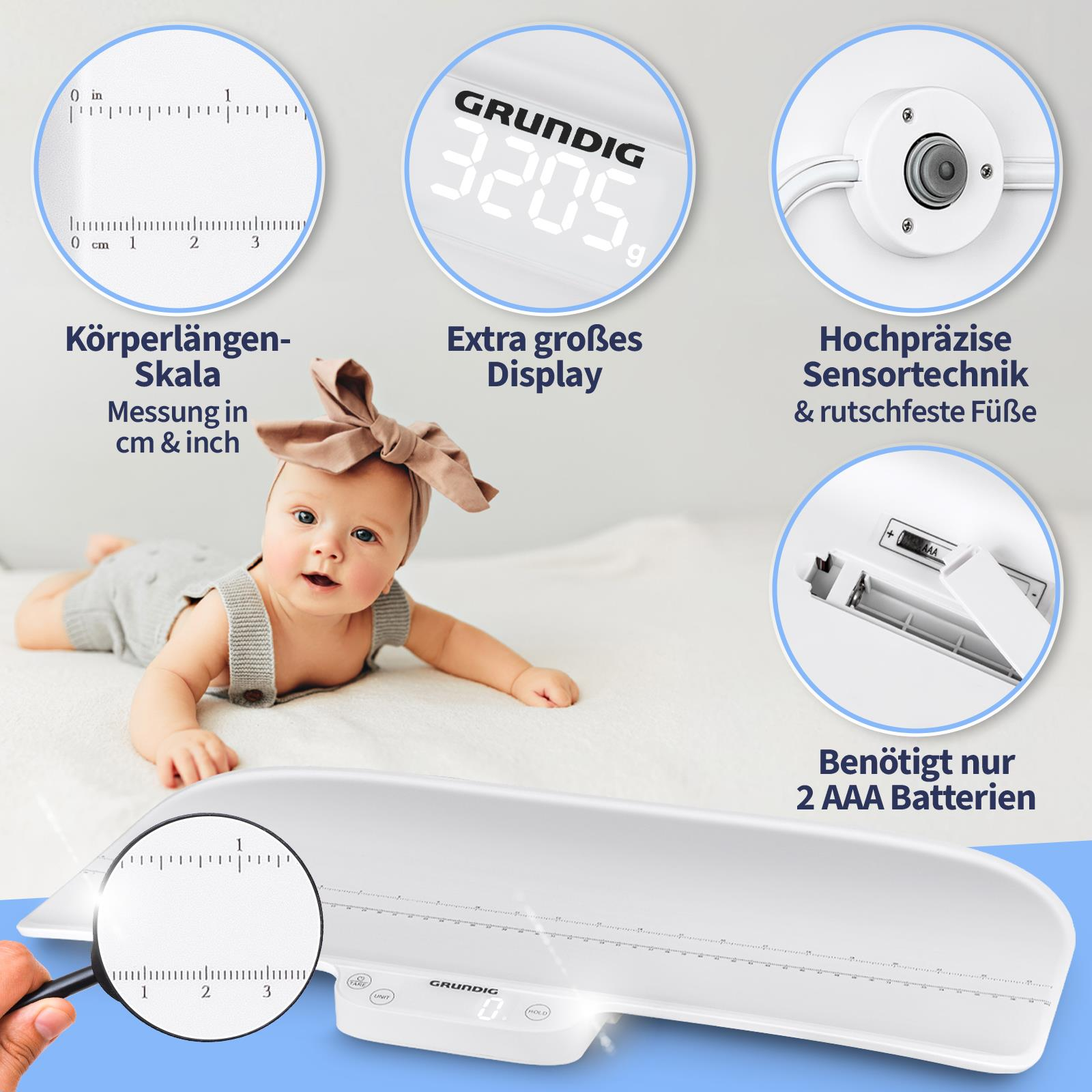 Ein Baby auf einer Waage. Die Waage zeigt 'GRUNDIG' und ein Display. Textbeschriftungen und Nahaufnahmen von Waagenmerkmalen sind vorhanden.