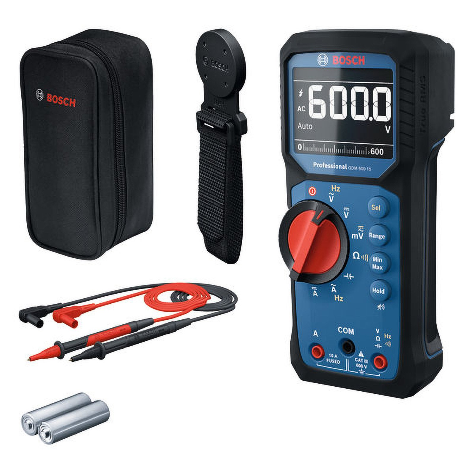 Ein Bosch Multimeter mit Zubehör: Koffer, Riemen, Messleitungen und Batterien. Auf weißem Hintergrund.
