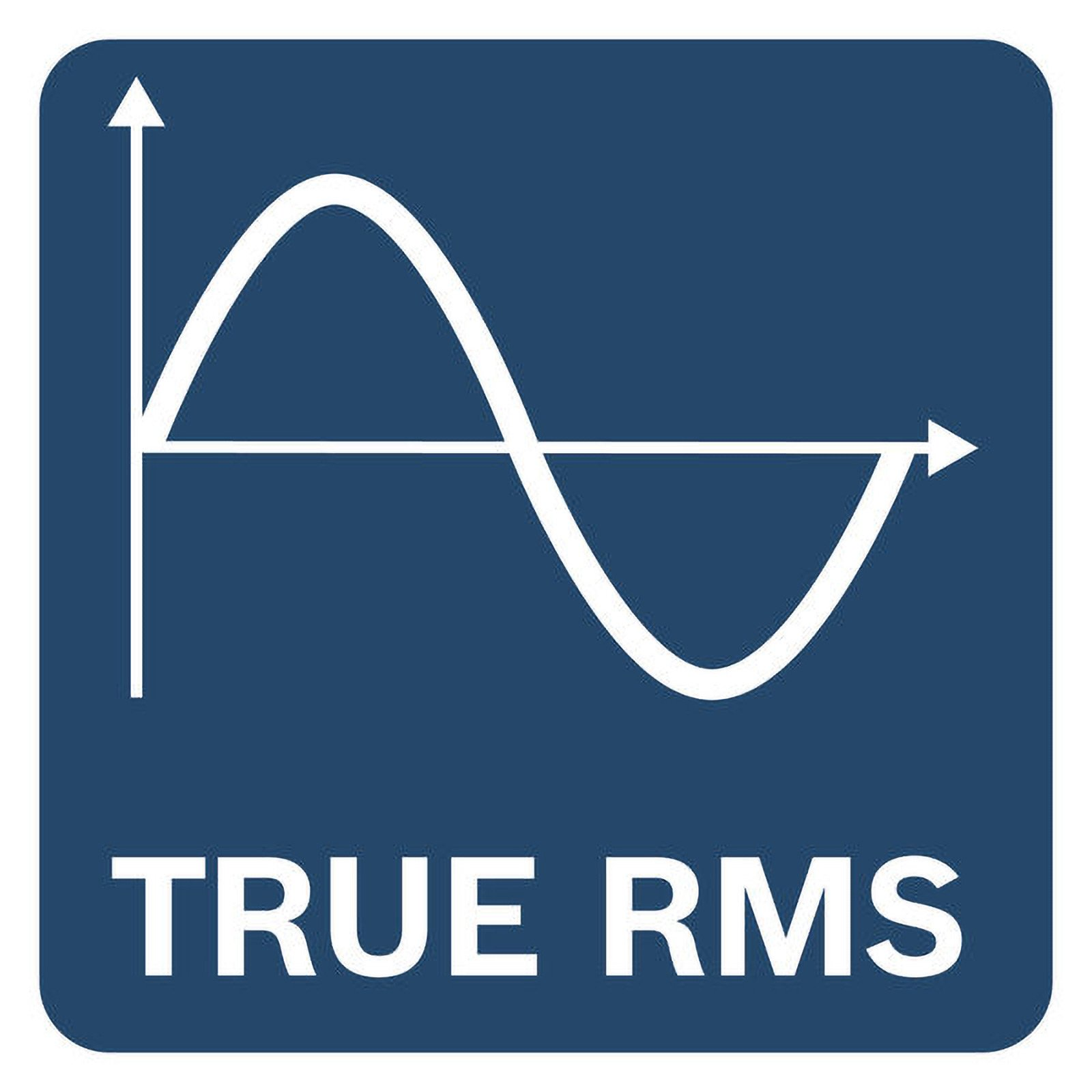 Blaues Quadrat mit weißer Sinuswelle und den Worten 'TRUE RMS' darunter.