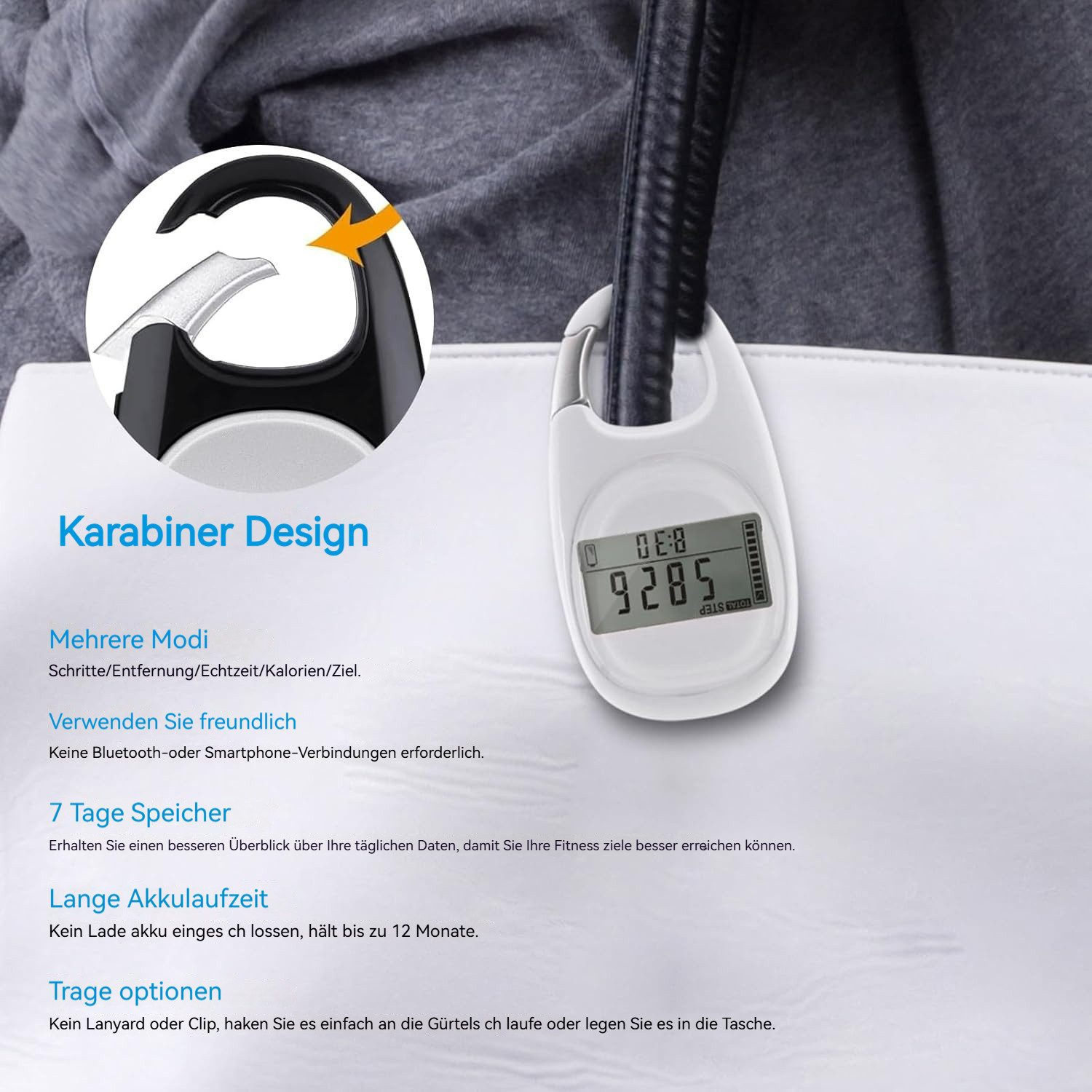 Ein weißer Schrittzähler mit Karabiner und schwarzem Griff, mit Text in mehreren Sprachen.