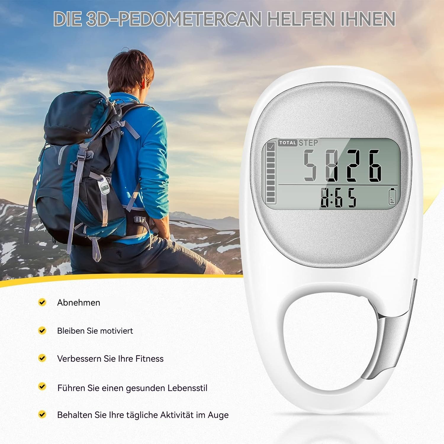 Ein Schrittzähler zeigt Schritte und Zeit. Ein Mann mit Rucksack im Hintergrund.