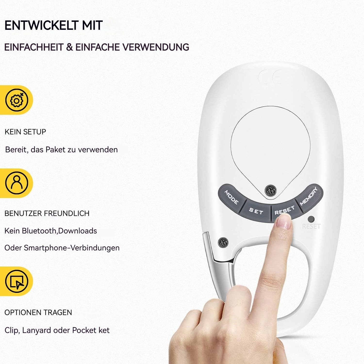 Ein weißer Schrittzähler mit Knöpfen und ein Finger, der die Reset-Taste drückt.