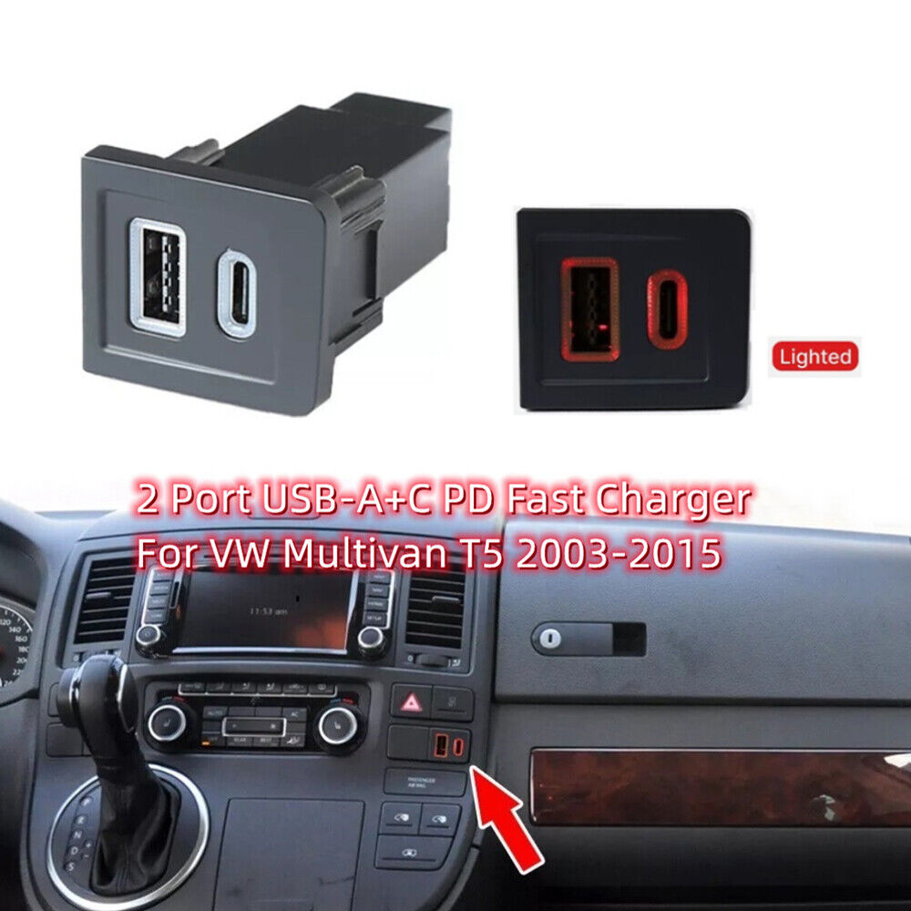 Zwei USB-Autoladegeräte, eines im Armaturenbrett und eines mit rotem Licht.
