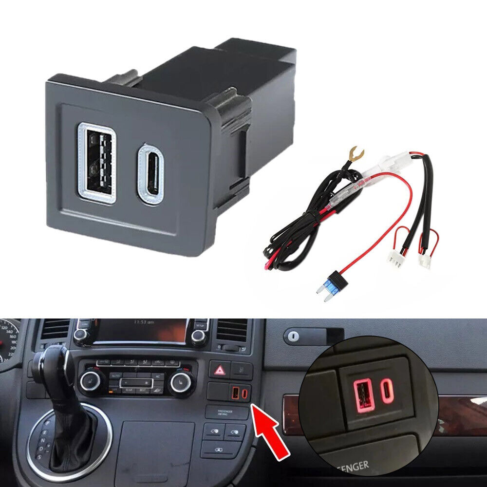 Ein elektrisches Autoteil mit USB-Anschlüssen und Drähten. Ein Armaturenbrett mit rot beleuchtetem USB-Anschluss wird gezeigt.