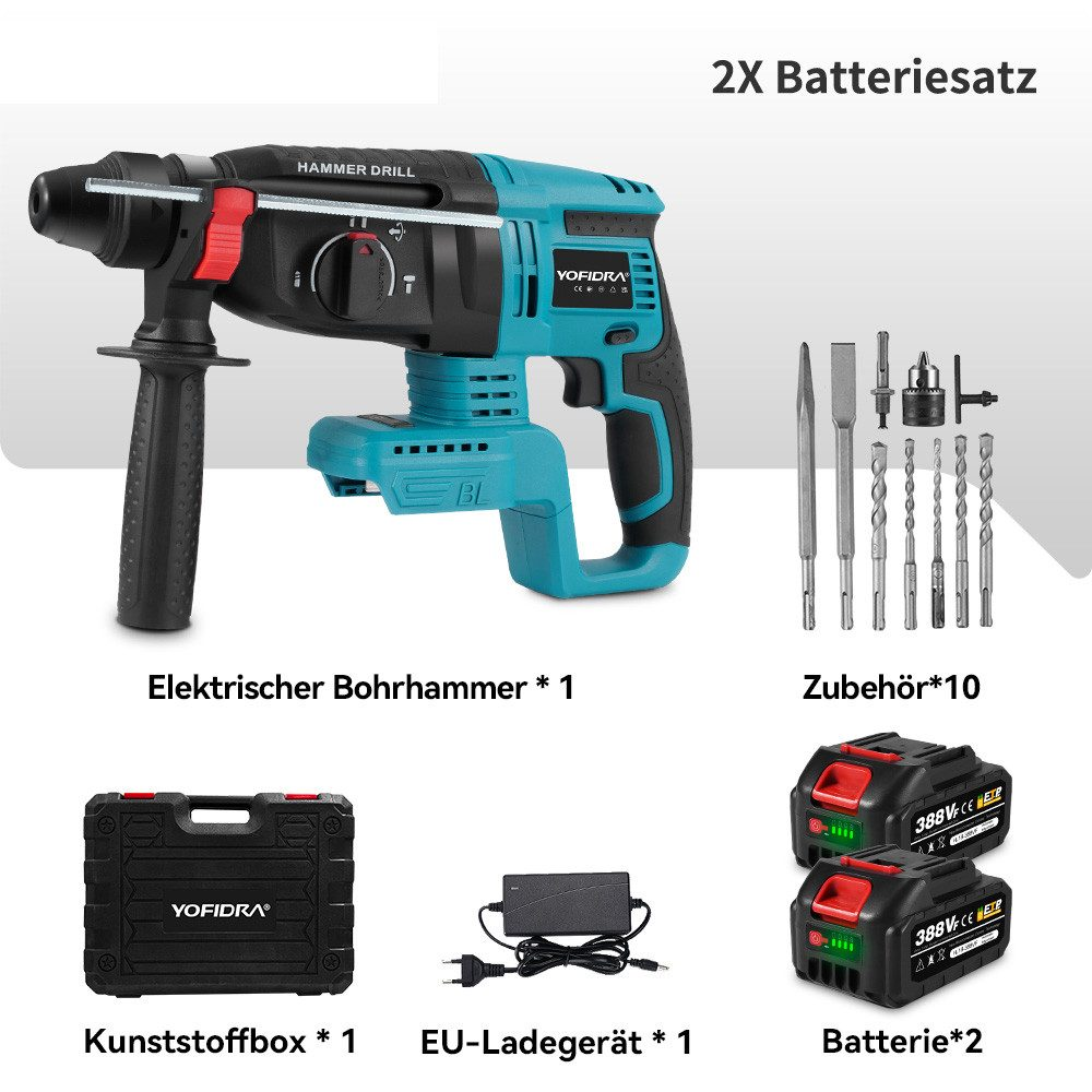 Ein Bohrer-Set mit Zubehör, zwei Batterien und einem Ladegerät. Der Bohrer ist blaugrün und schwarz.