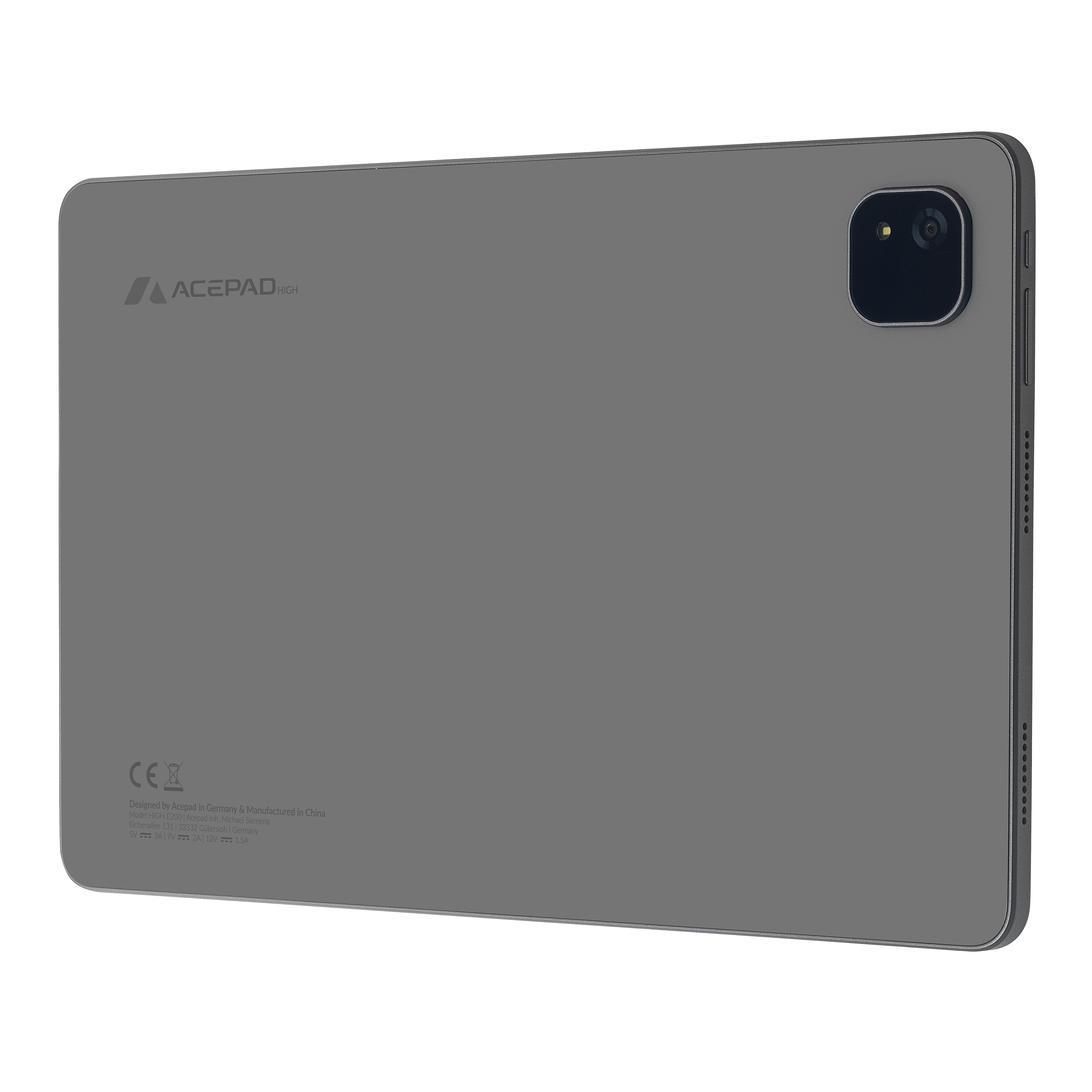 Graues Acepad-Tablet Rückansicht mit einer Kamera auf schwarzem Hintergrund.