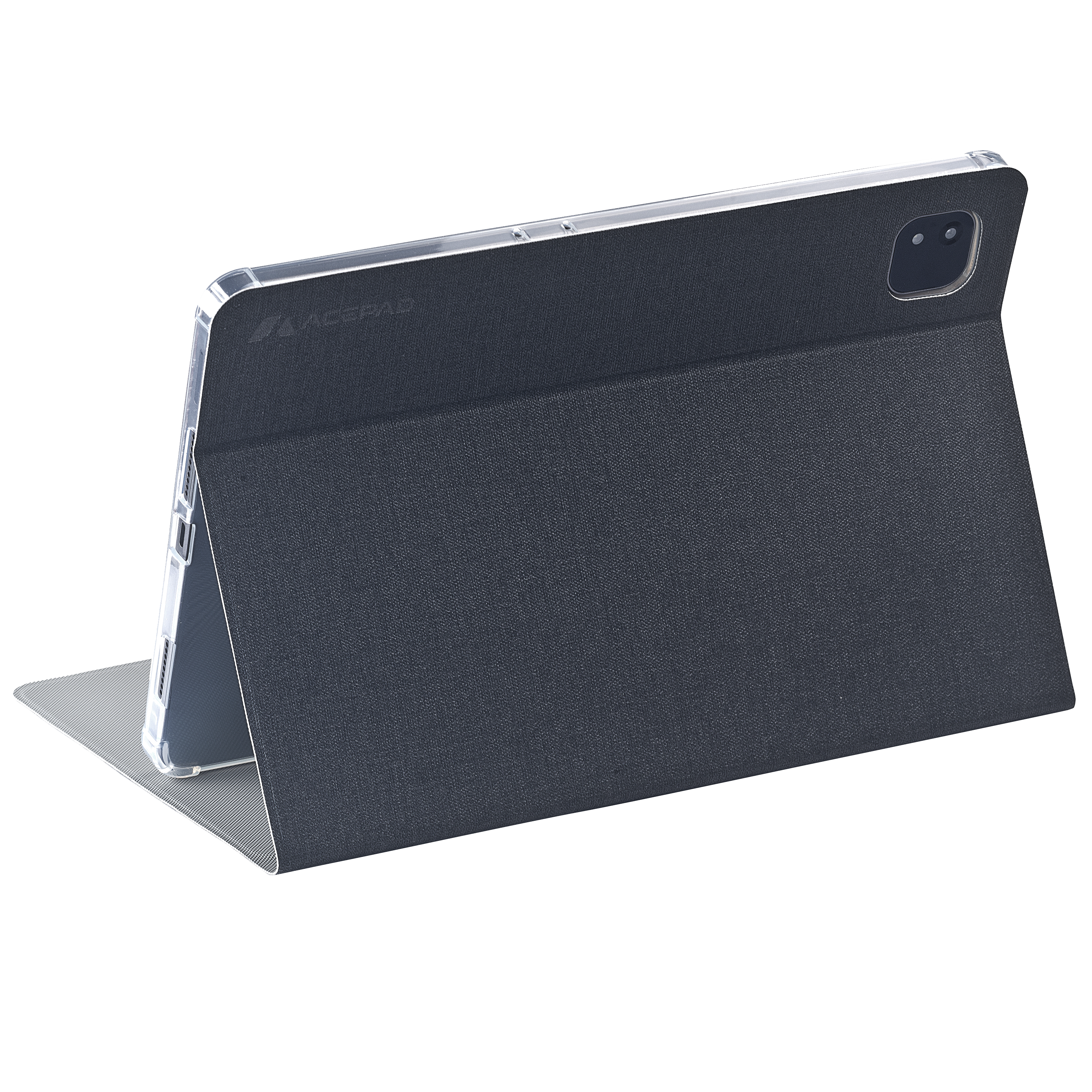 Eine dunkelgraue Acepad-Tablet-Hülle in dreieckiger Standposition auf schwarzem Hintergrund.