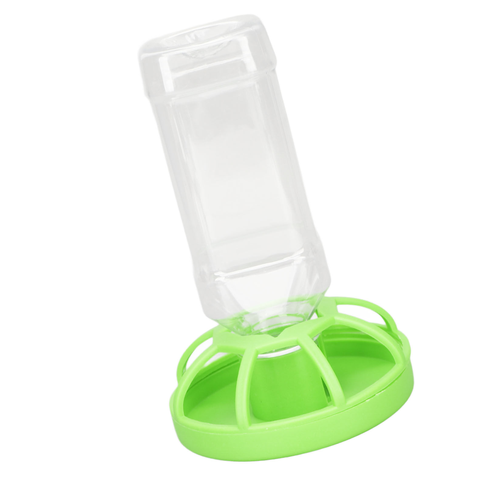 Klare Flasche in grünen Plastik-Tierfutterspender eingesetzt, weißer Hintergrund.