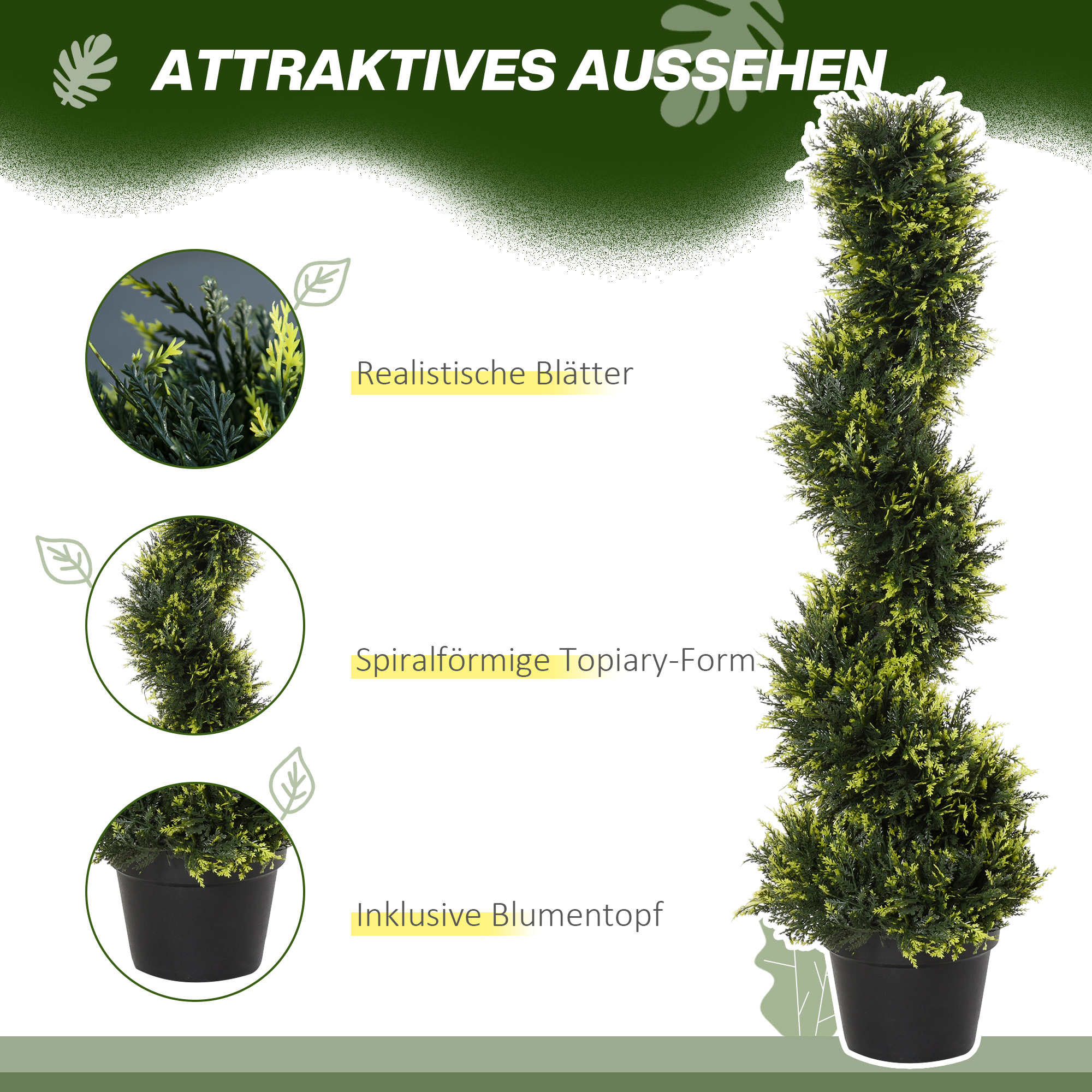Eine Spiraltopflanze in einem schwarzen Topf. Text: 'ATTRAKTIVES AUSSEHEN' und Nahaufnahmen.