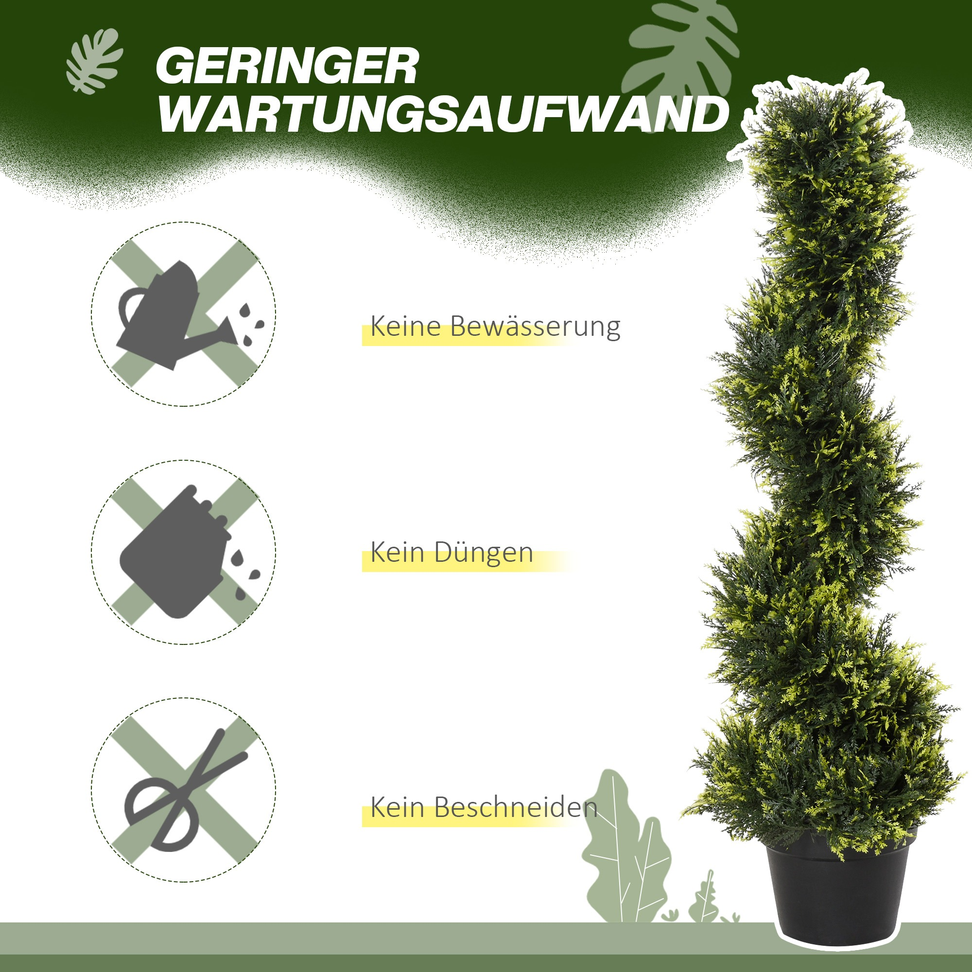 Hohe Spiraltopflanze in einem schwarzen Topf. Text: 'GERINGER WARTUNGSAUFWAND' und Wartungssymbole.