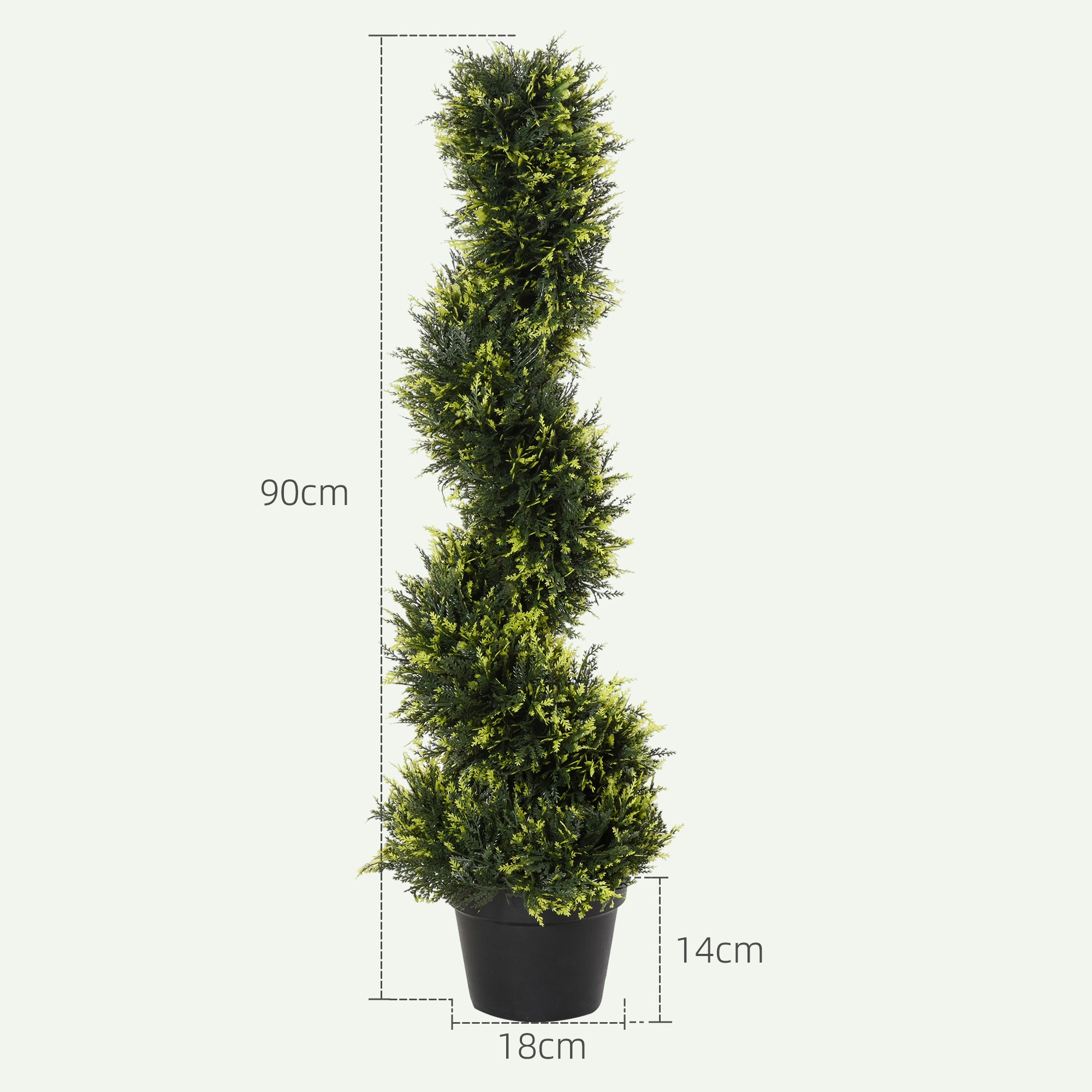 Spiralförmiger Buchsbaum in schwarzem Topf, 90 cm hoch, 18 cm breit, 14 cm Topfhöhe.
