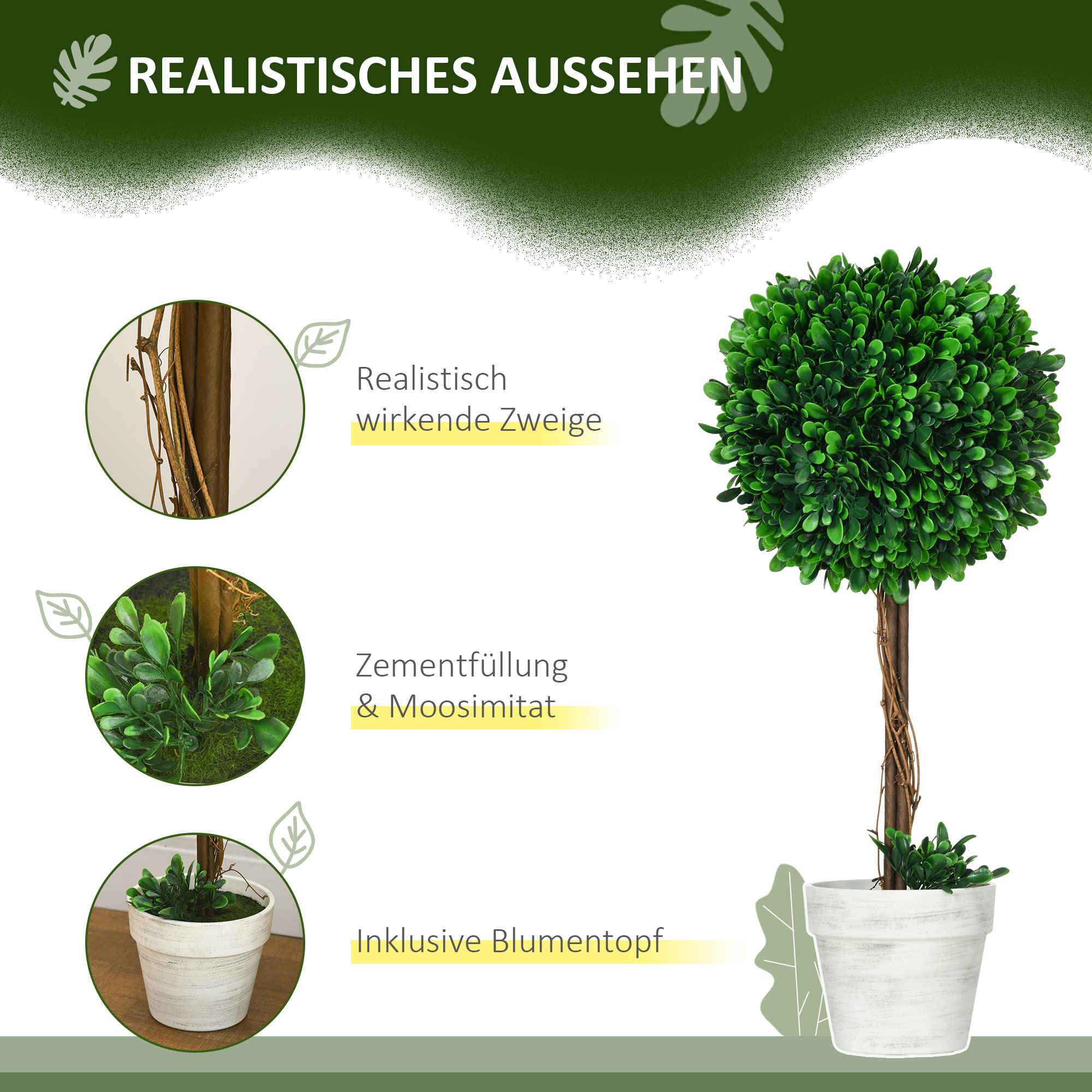 Eine grüne, kugelförmige Topfpflanze in einem weißen Topf. Text: 'REALISTISCHES AUSSEHEN' und Details.