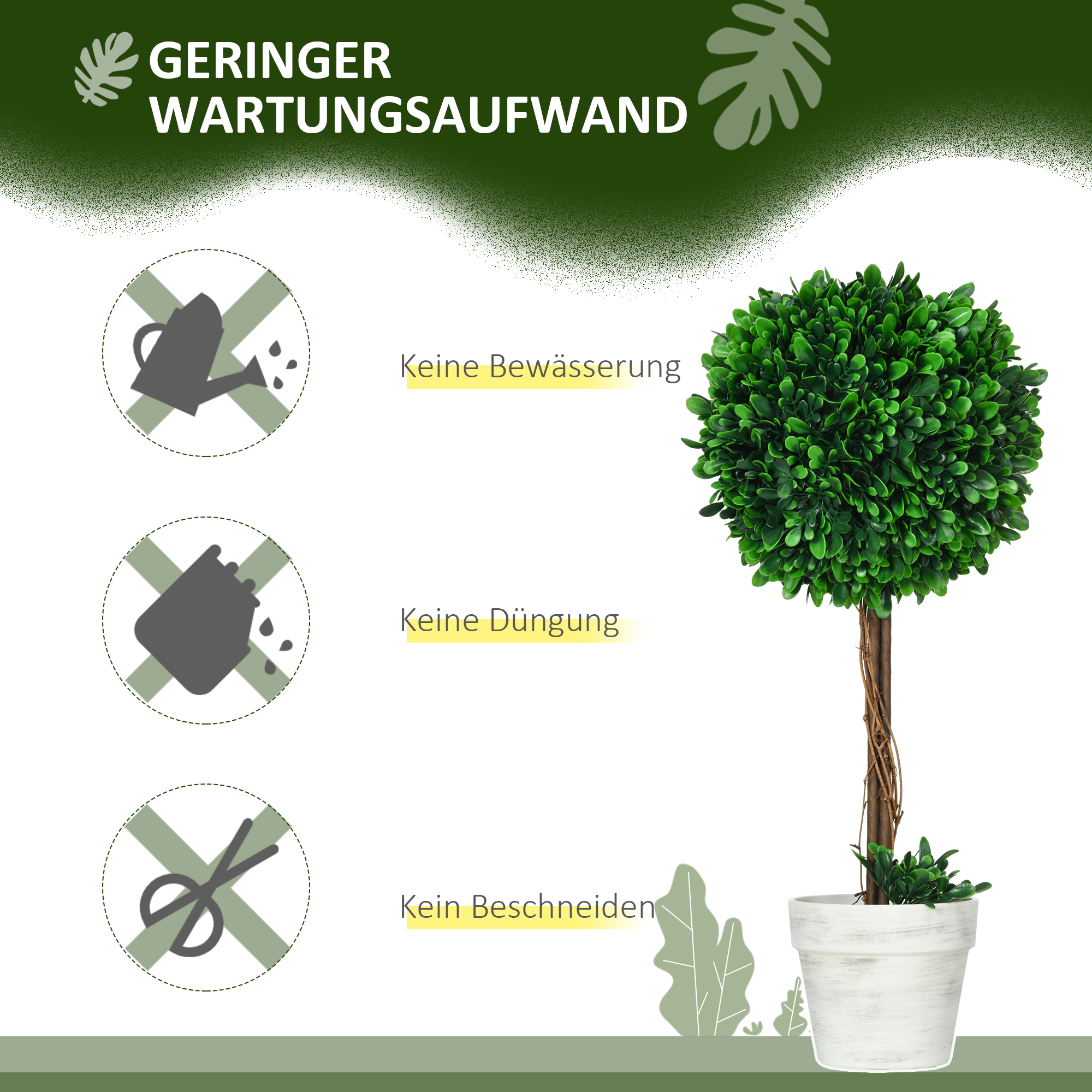 Eine grüne, kugelförmige Topfpflanze in einem weißen Topf. Text: 'GERINGER WARTUNGSAUFWAND' und Symbole.