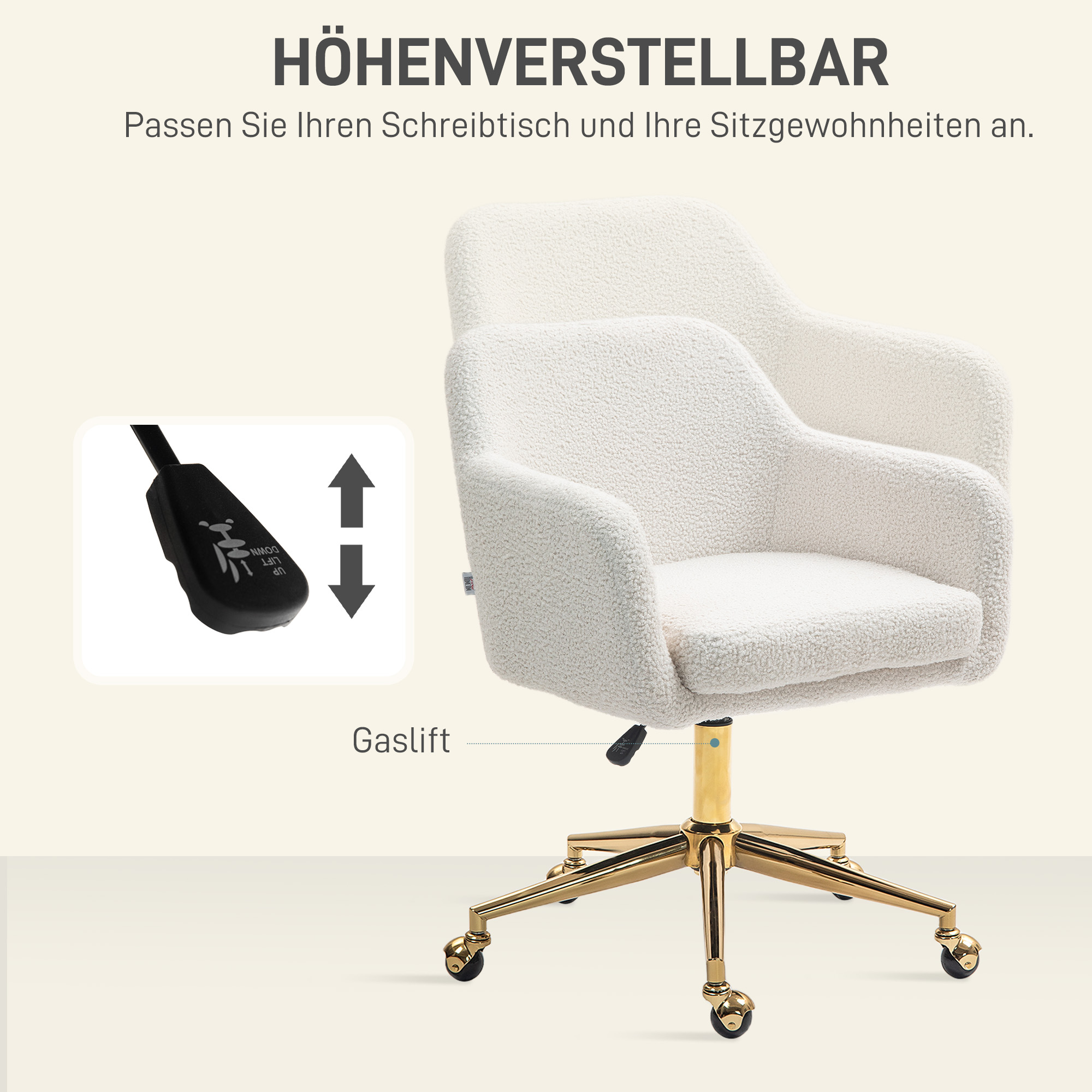 Weißer Bürostuhl mit goldfarbenem Untergestell. Der Stuhl hat einen Teddy-Bären-Stoff. Gaslift-Mechanismus und höhenverstellbar.