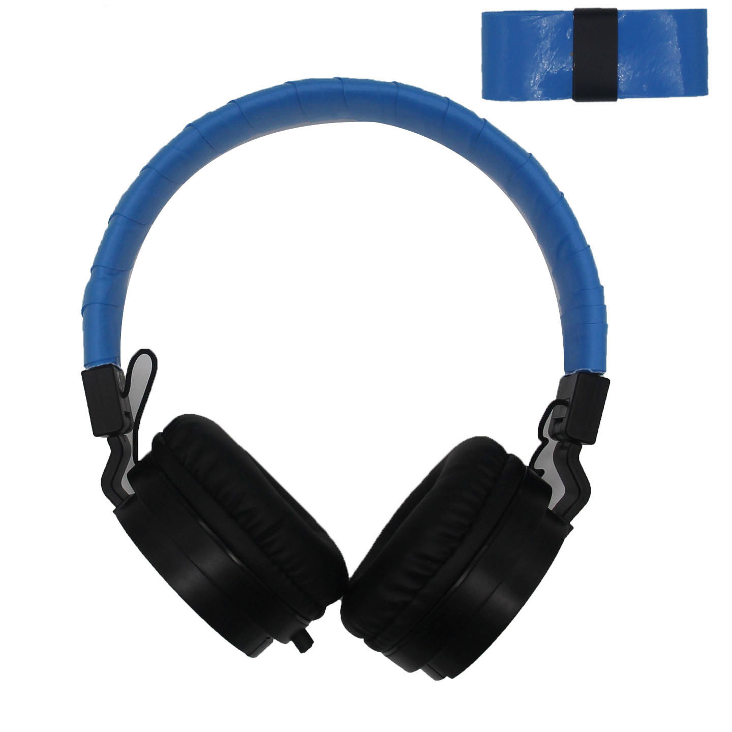 Cuffie nere con fascia blu. I padiglioni sono neri e la fascia è blu con una striscia nera.