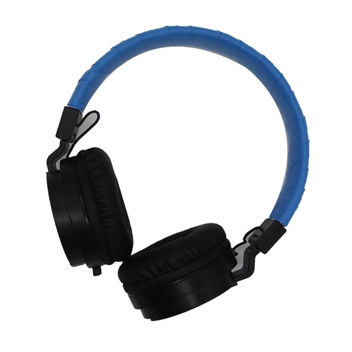 Cuffie blu con padiglioni neri su sfondo bianco.