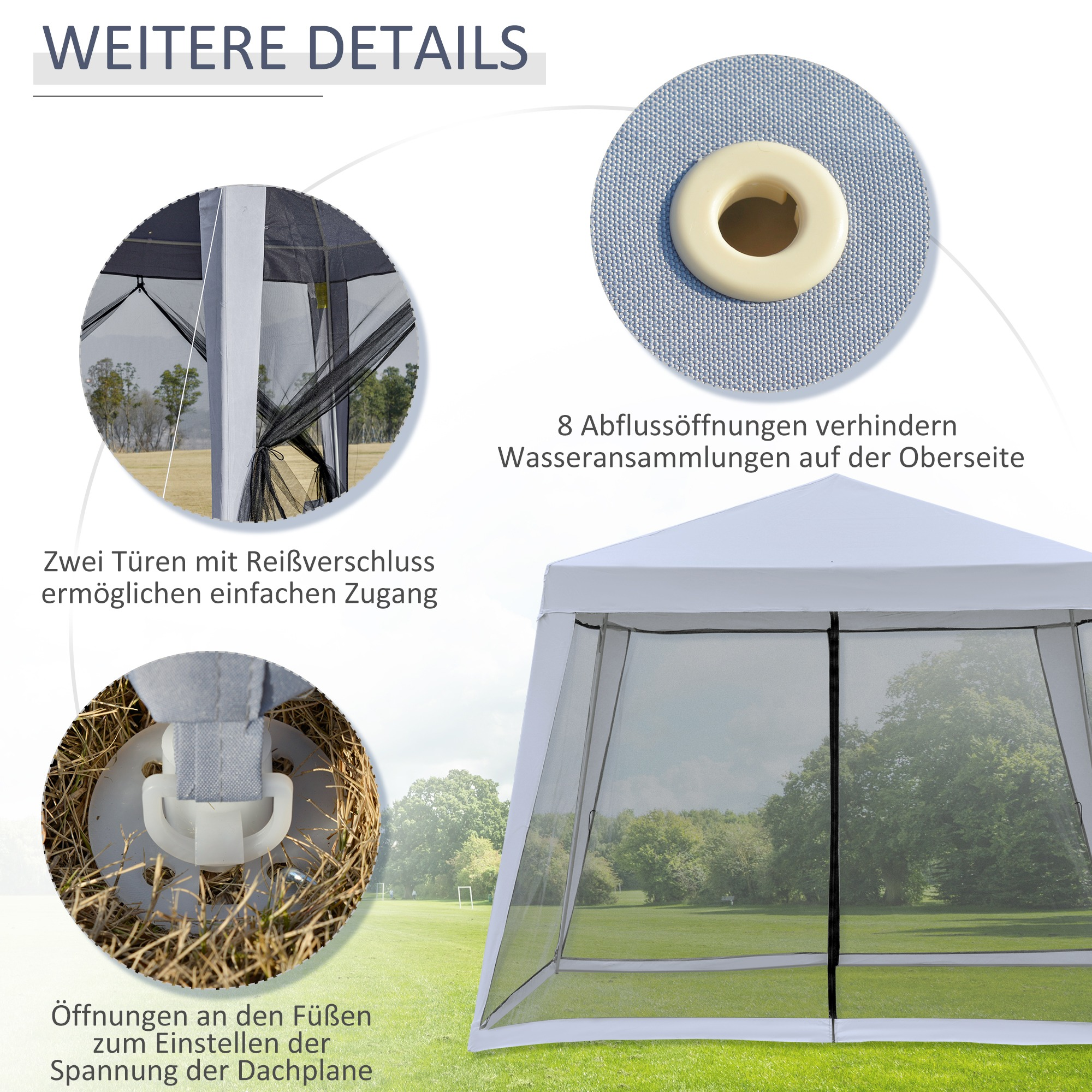 Details eines weißen Pavillons mit deutschem Text.