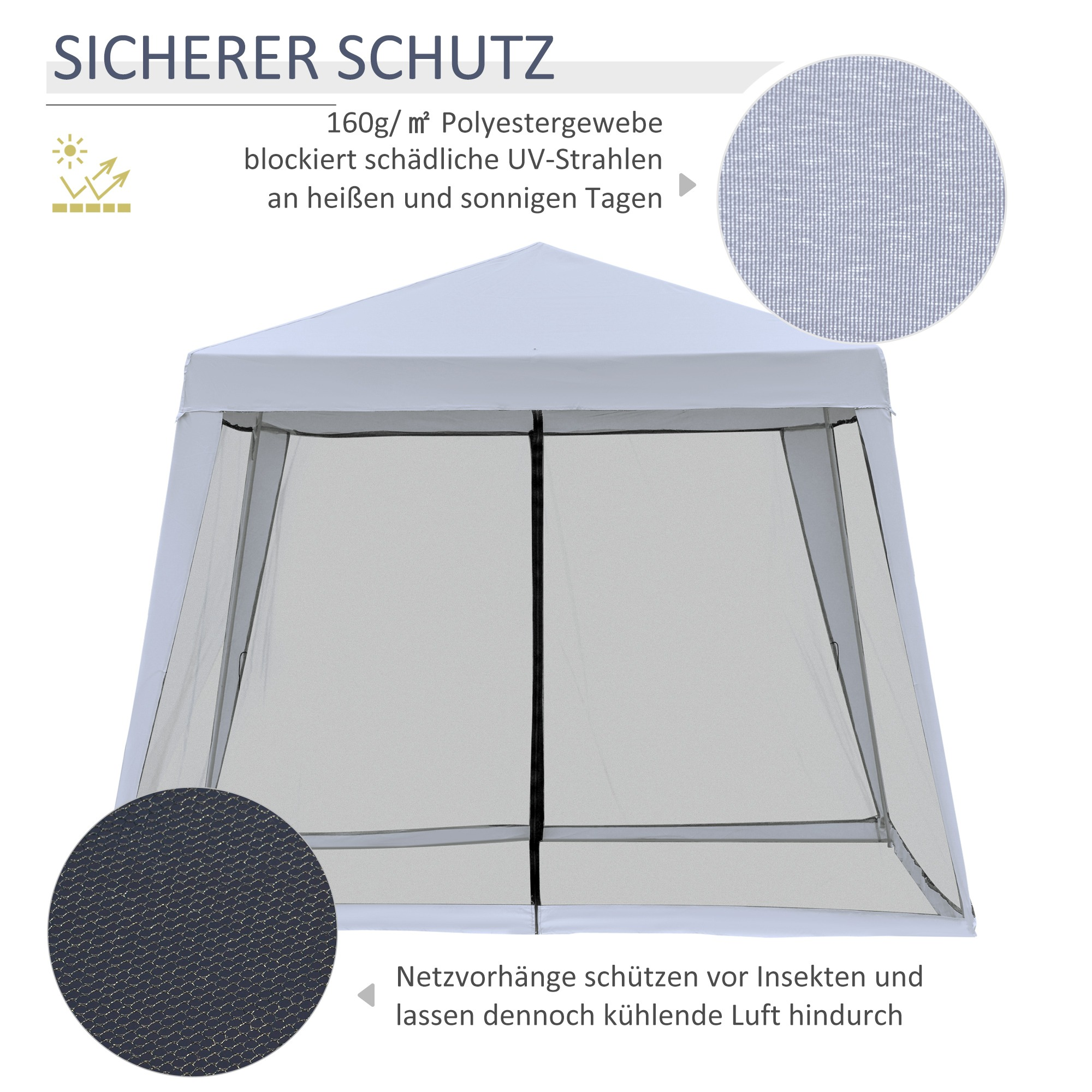 Weißes Zelt mit Netzseiten und Text über UV-Schutz und Insektenschutz.