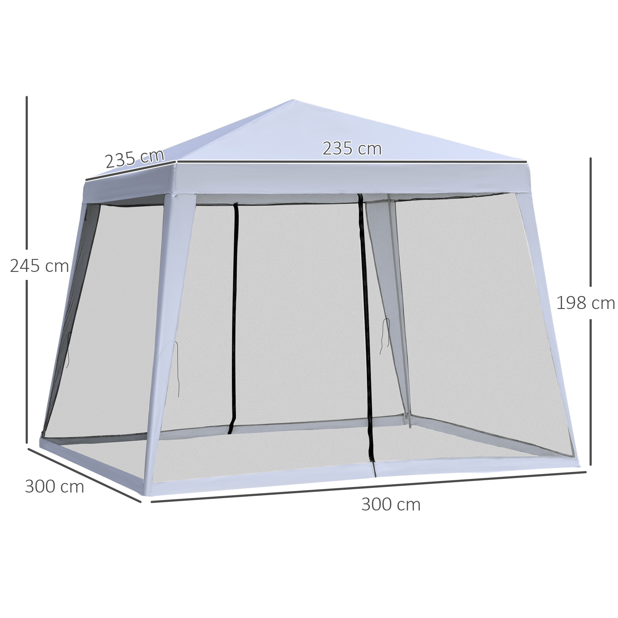 Ein weißer Pavillon mit Abmessungen und schwarzem Netz.