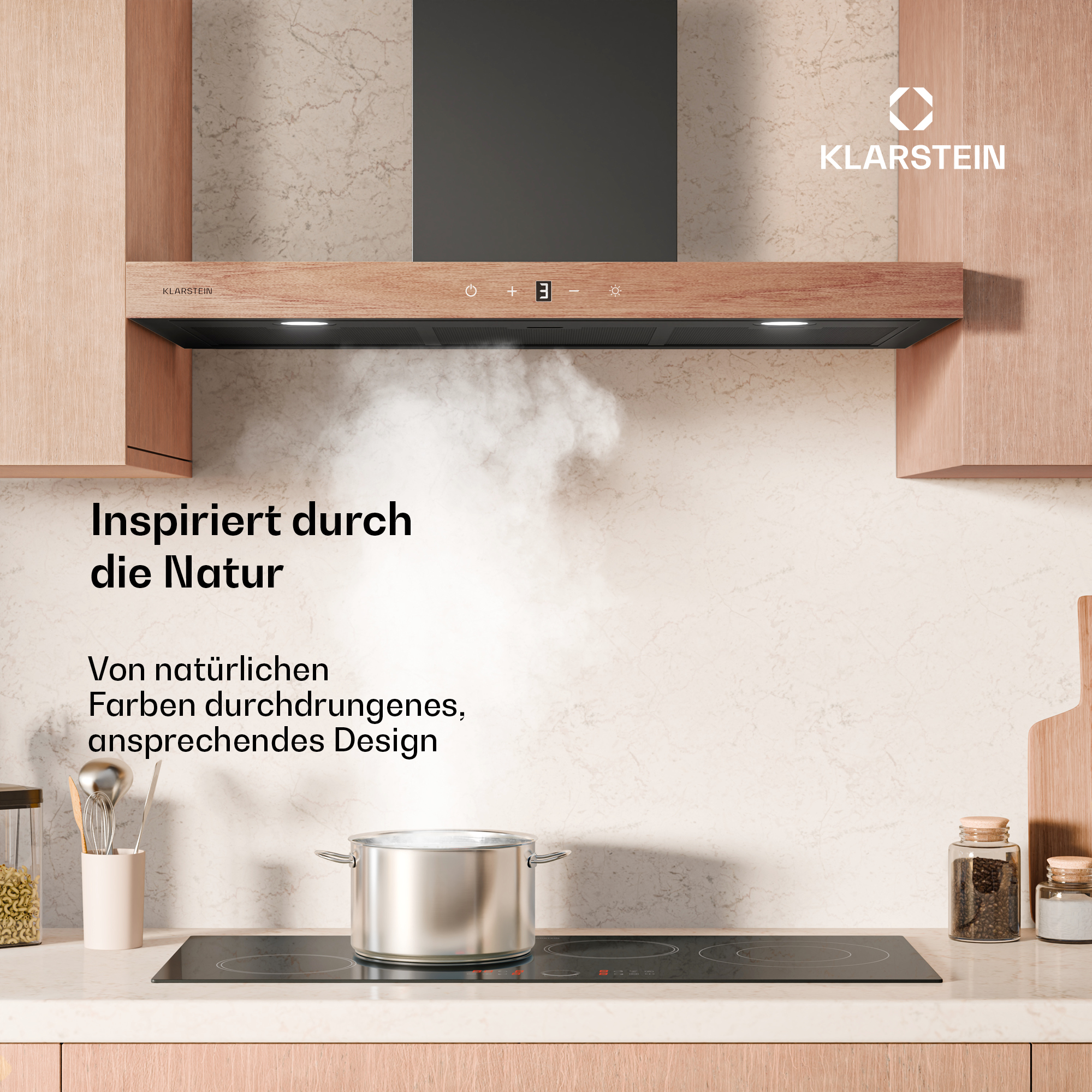 Escena de cocina con campana extractora sobre una estufa con una olla, con texto 'Inspirado en la naturaleza'.