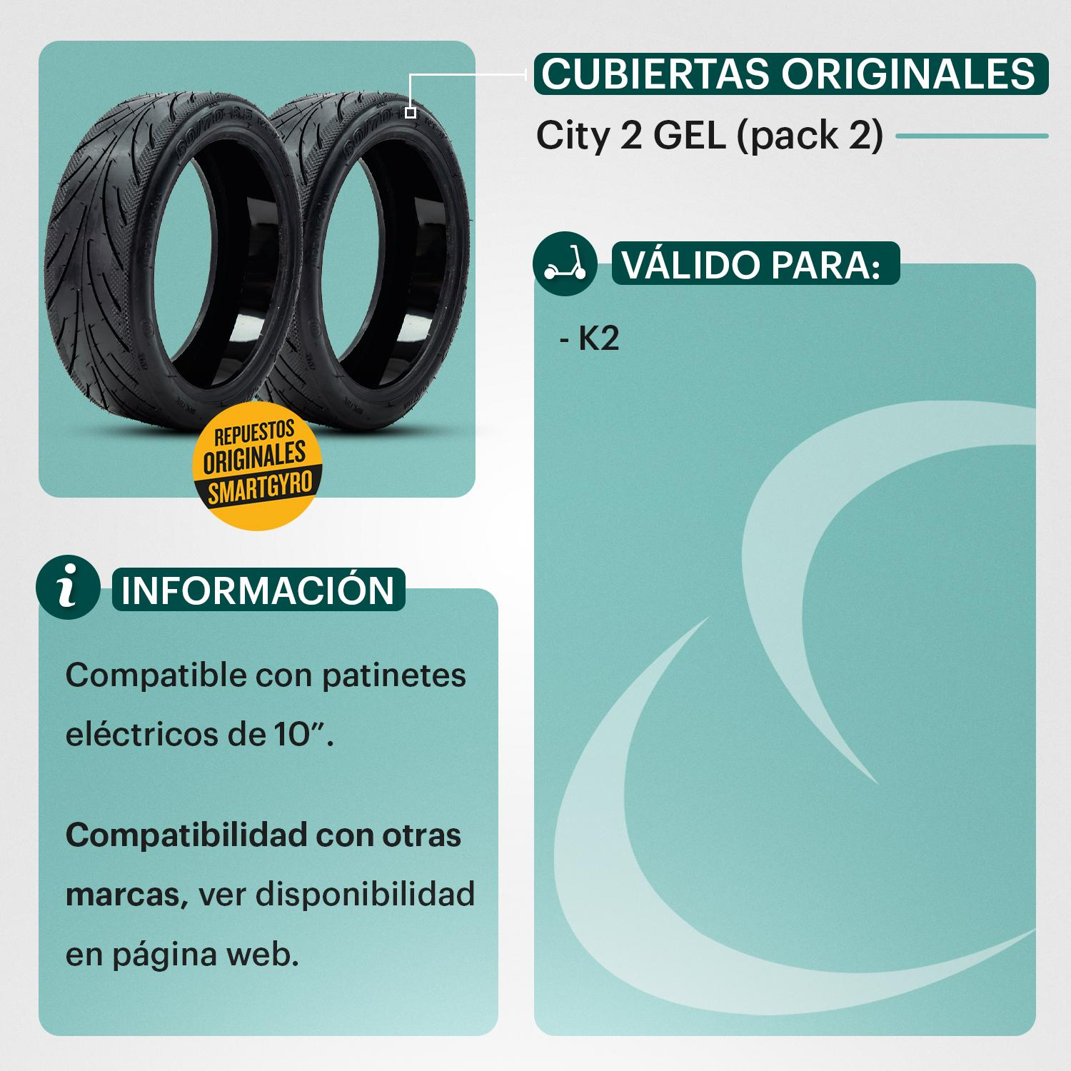 Dos neumáticos negros. Fondo azul y blanco. Texto sobre compatibilidad con patinetes eléctricos y otras marcas.