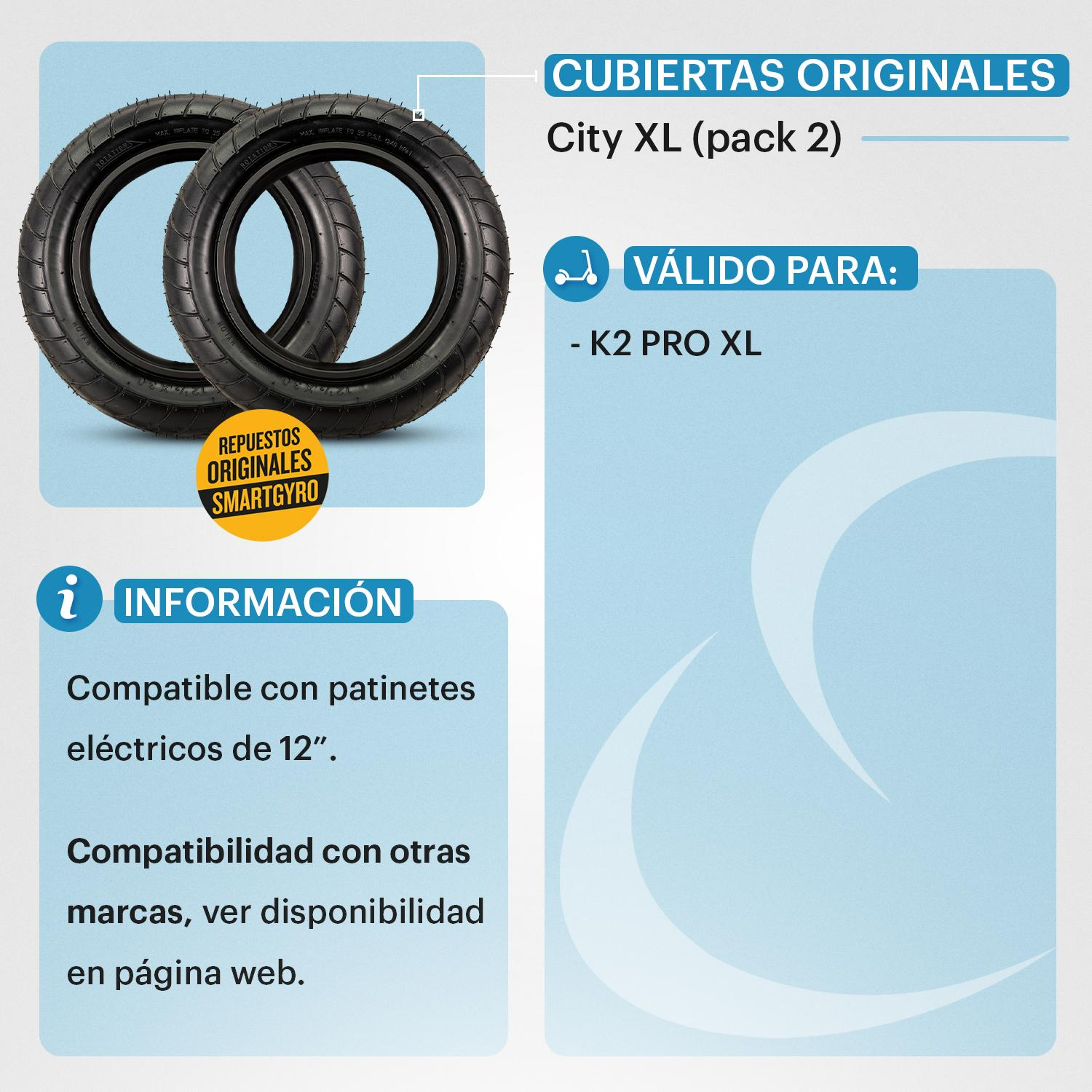 Dos neumáticos negros. Fondo azul y blanco. Texto sobre compatibilidad con patinetes eléctricos y otras marcas.