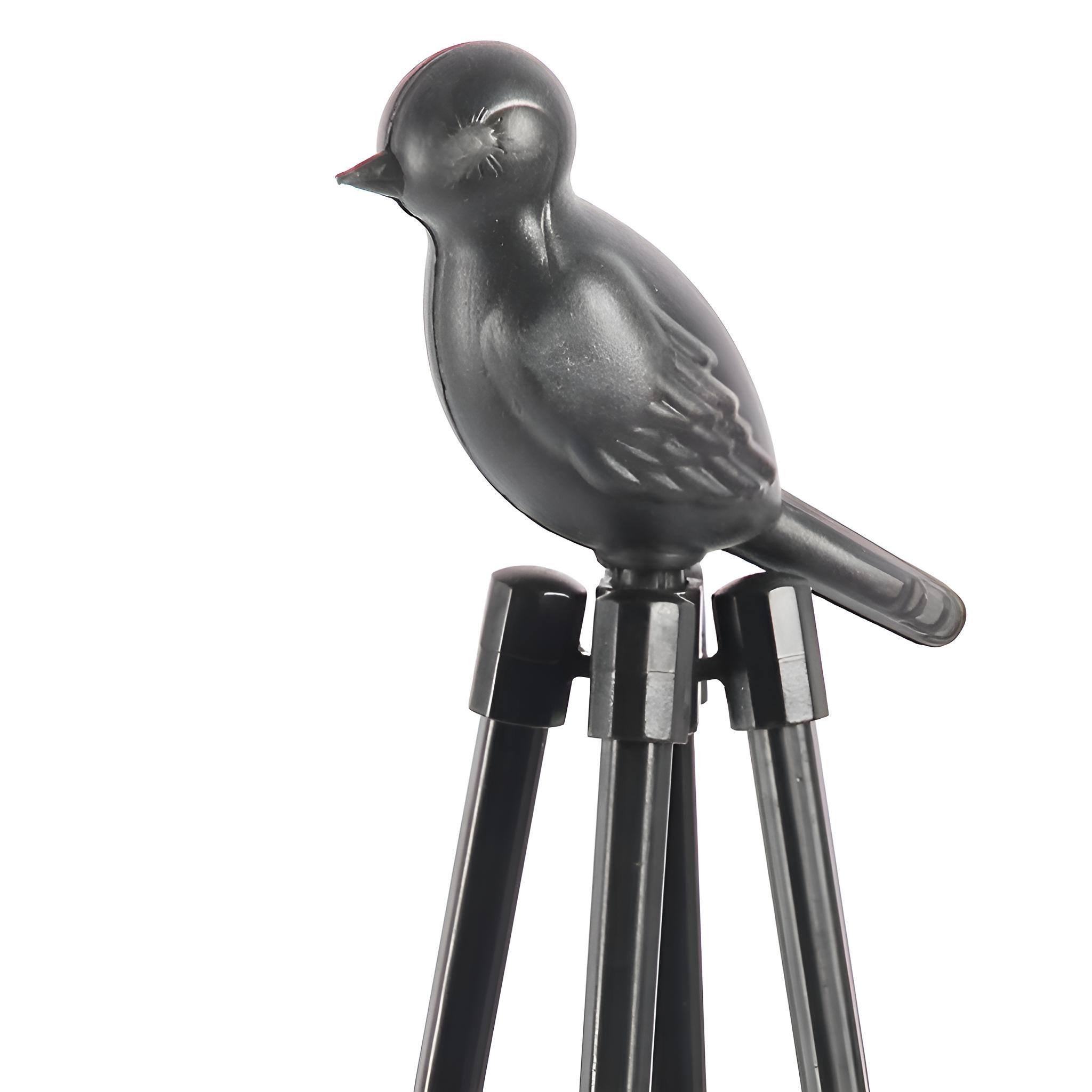 Eine schwarze Vogelfigur auf einem Stativsockel, vor weißem Hintergrund. Der Vogel ist stilisiert.