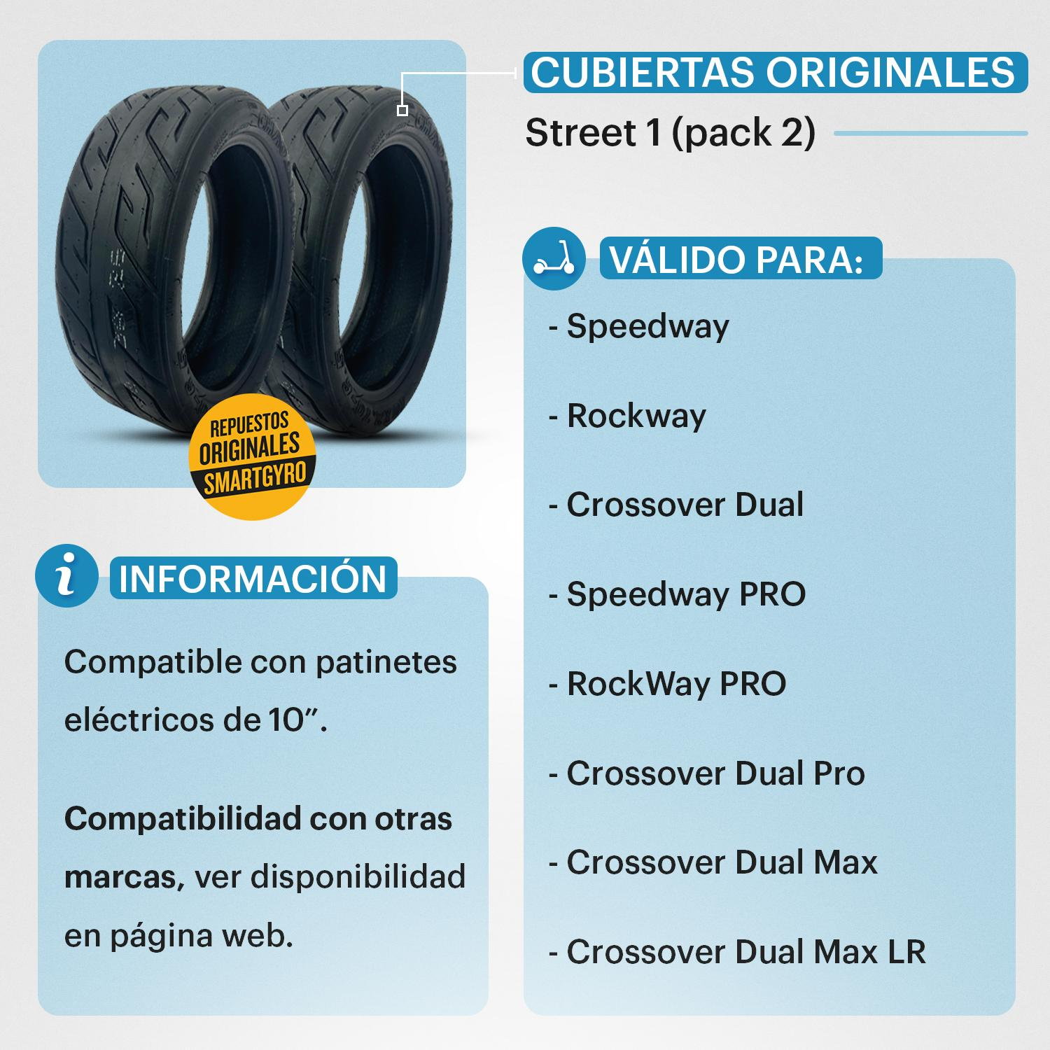 Dos neumáticos negros para scooter con texto y un panel de información azul que enumera modelos compatibles, sobre fondo blanco.