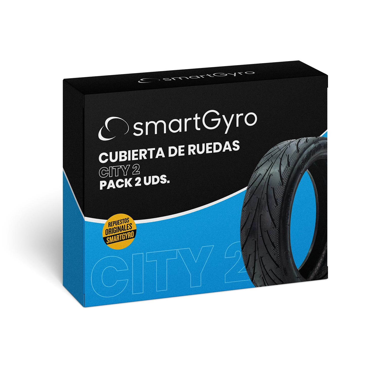 Caja con imagen de neumático. Texto: SmartGyro, Cubierta de Ruedas, City 2, Pack 2 uds. Diseño azul y negro.