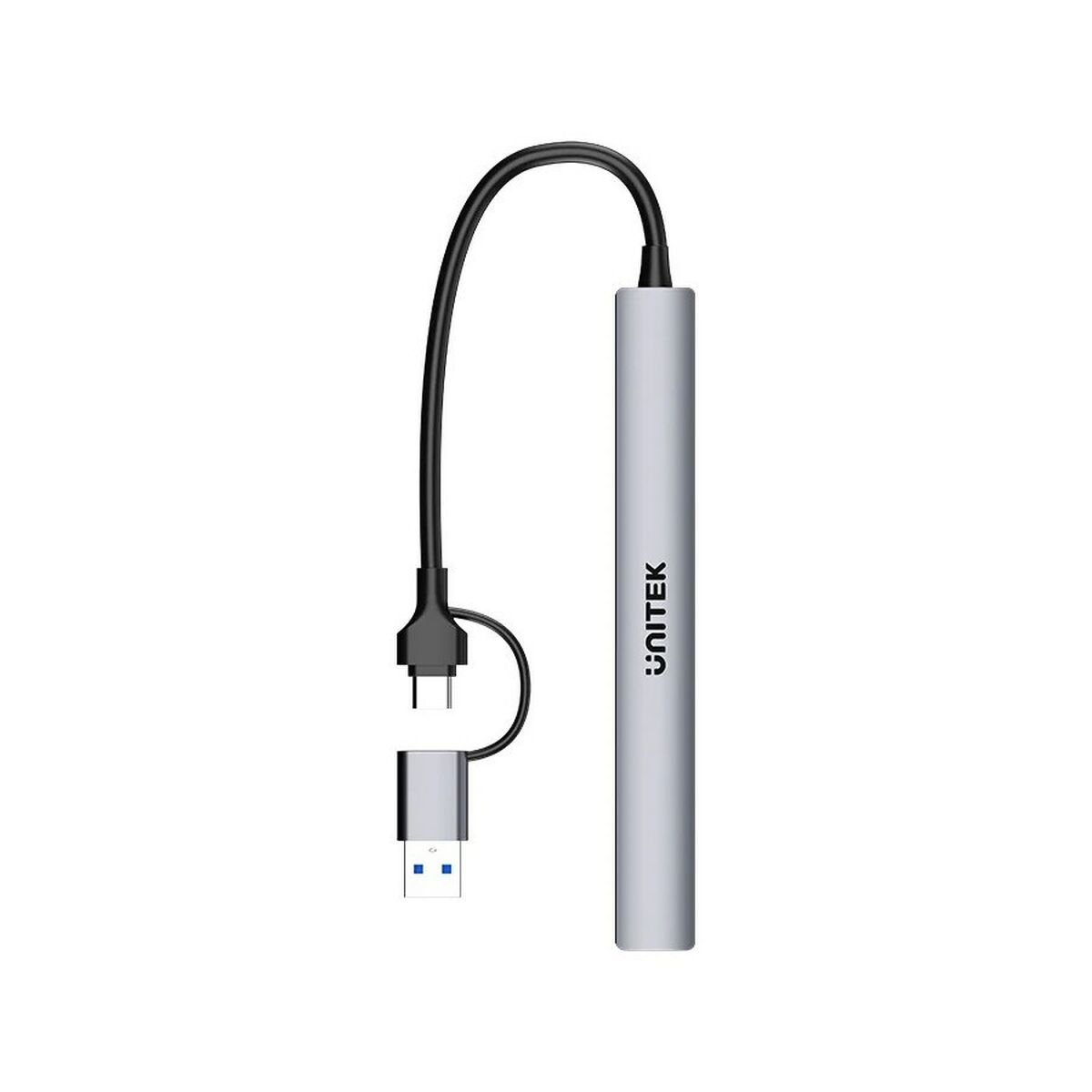 Ein silberner USB-Hub mit schwarzem Kabel und USB-Anschluss. Es hat das Wort "UNITEK" darauf.
