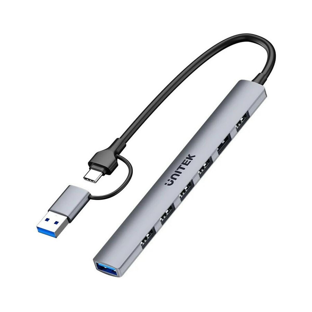 Ein silberner USB-Hub mit mehreren Anschlüssen, einem USB-Anschluss und einem Kabel. Der Markenname steht darauf.