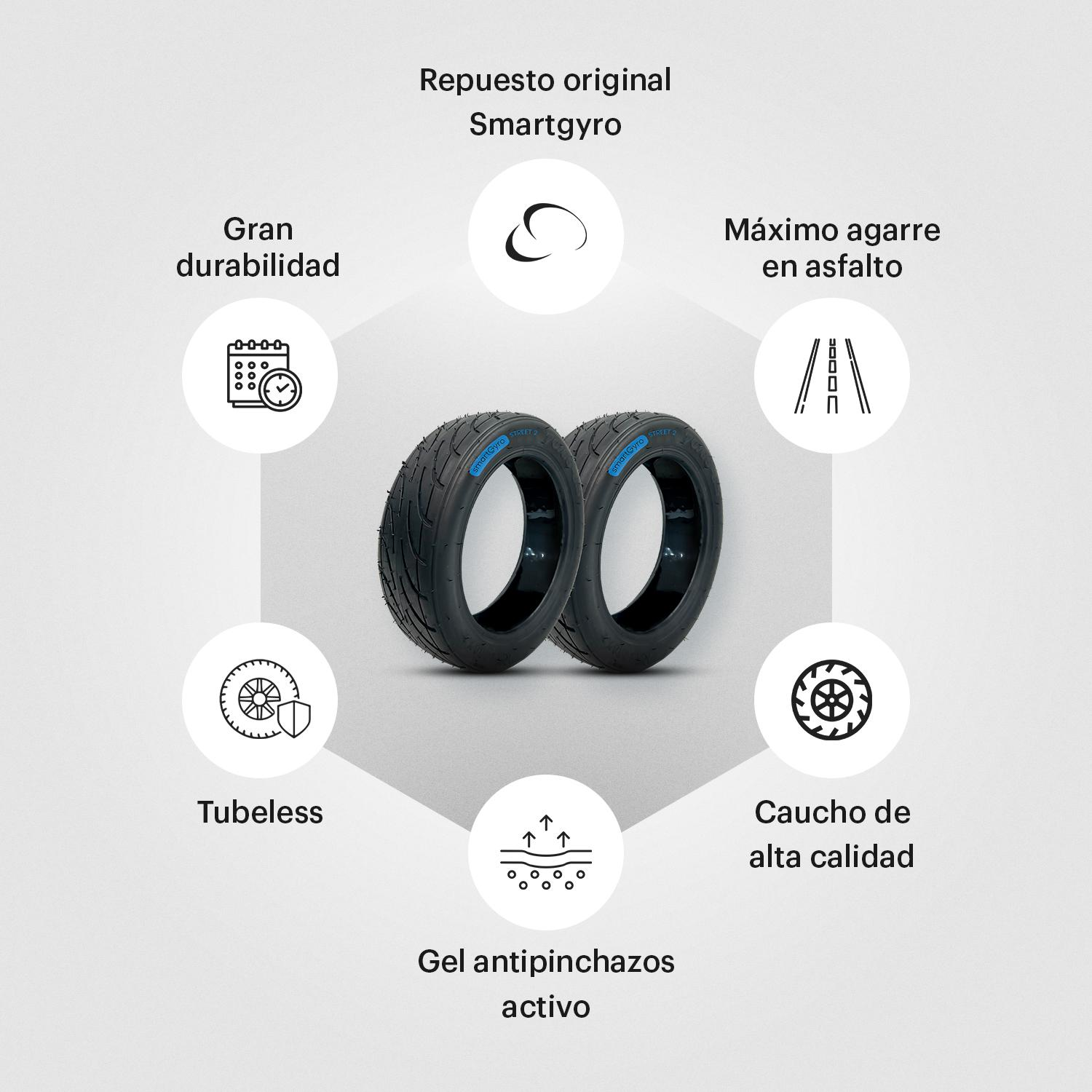 Dos neumáticos de scooter con texto e iconos, mostrando características como diseño sin cámara.
