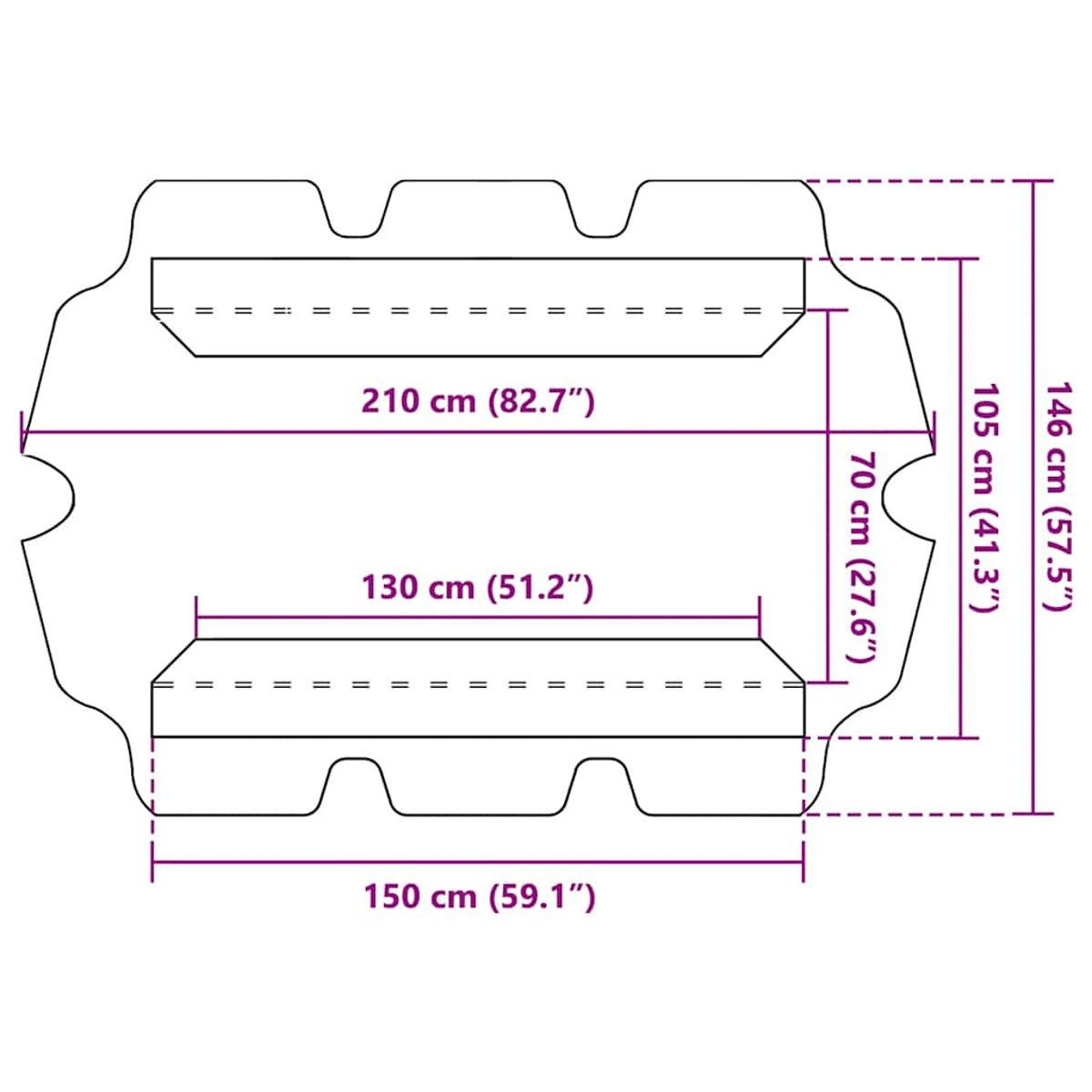 Diagramma di un tappetino rettangolare con dimensioni etichettate in cm e pollici. Il tappetino è viola con linee bianche.