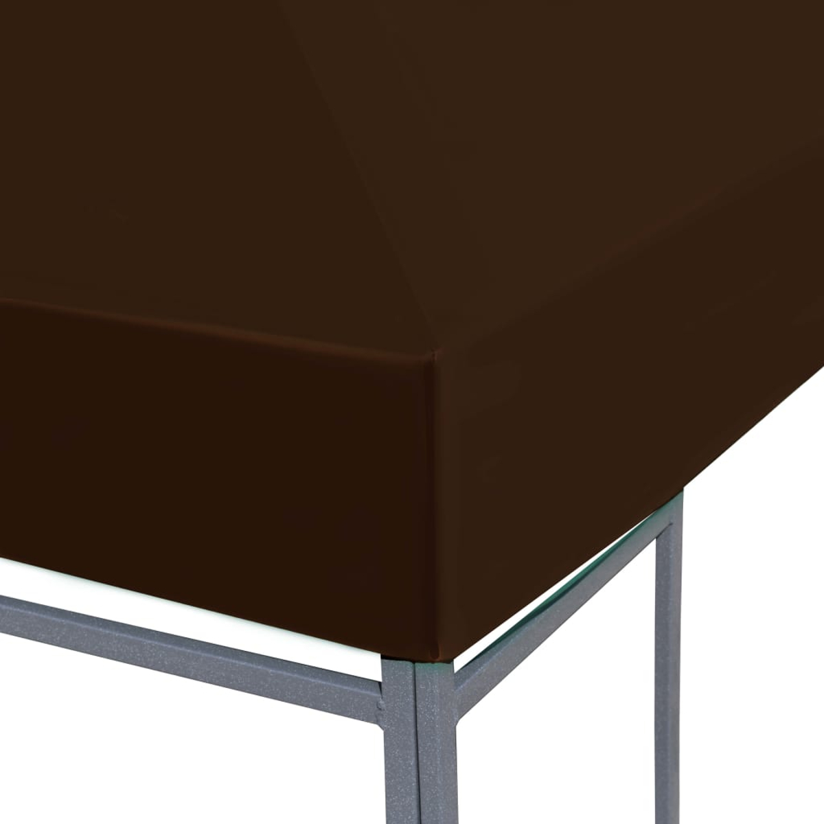 Primo piano di un angolo del telo tenda marrone con un telaio metallico.