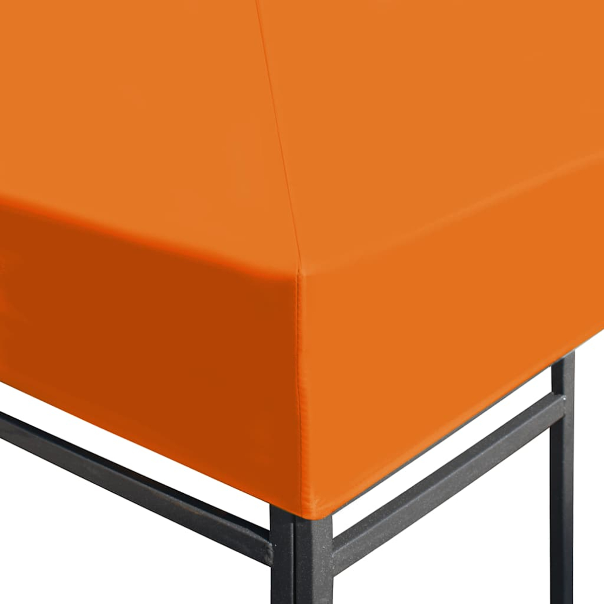 Primo piano di un angolo di tettoia arancione con telaio in metallo nero.