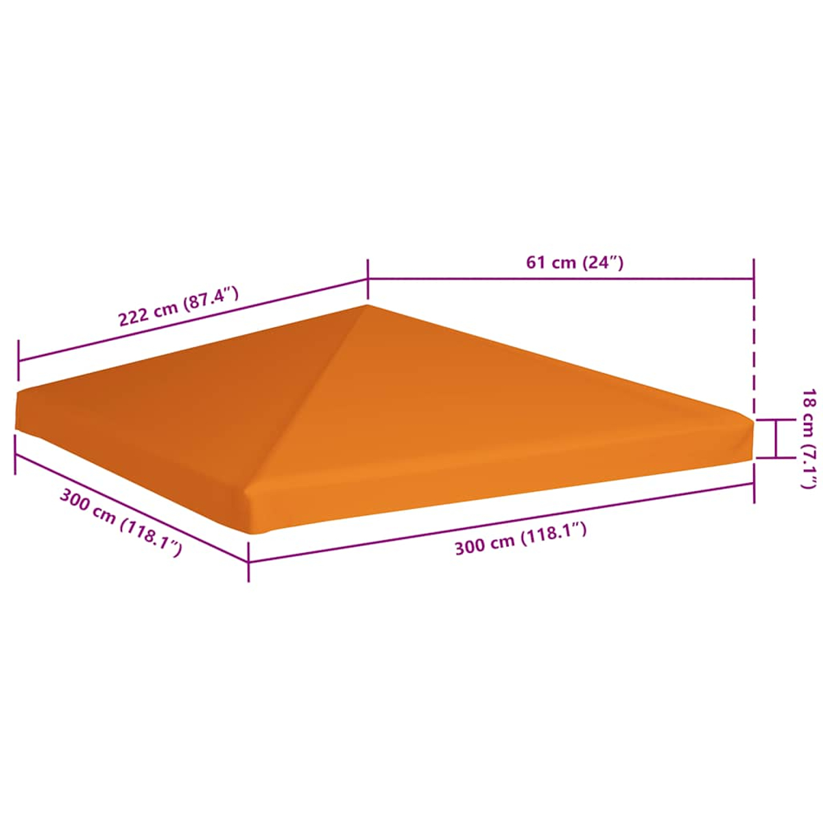 Tetto del gazebo arancione, dimensioni etichettate. Le misure sono 300cm x 300cm, 61cm e 18cm.