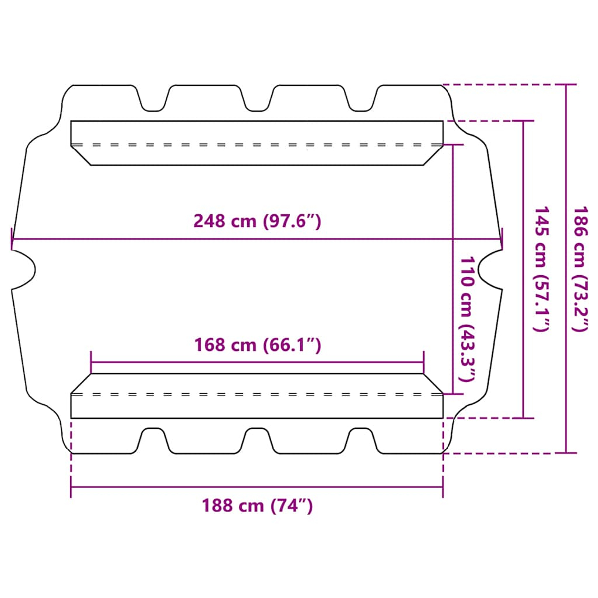 Diagramma di una struttura, dimensioni indicate: 248cm, 186cm, 168cm, 145cm, 110cm. La struttura è rettangolare.