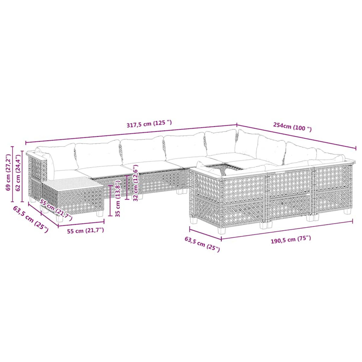 Un diagramma dettagliato di un divano da esterno in vimini con dimensioni etichettate in cm e pollici.