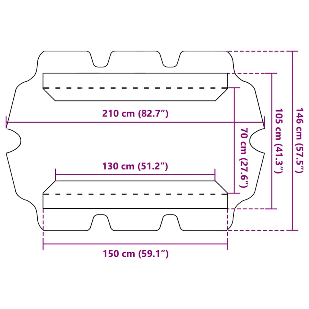 Un diagramma di un materasso o cuscino con dimensioni in cm. È una forma piatta.
