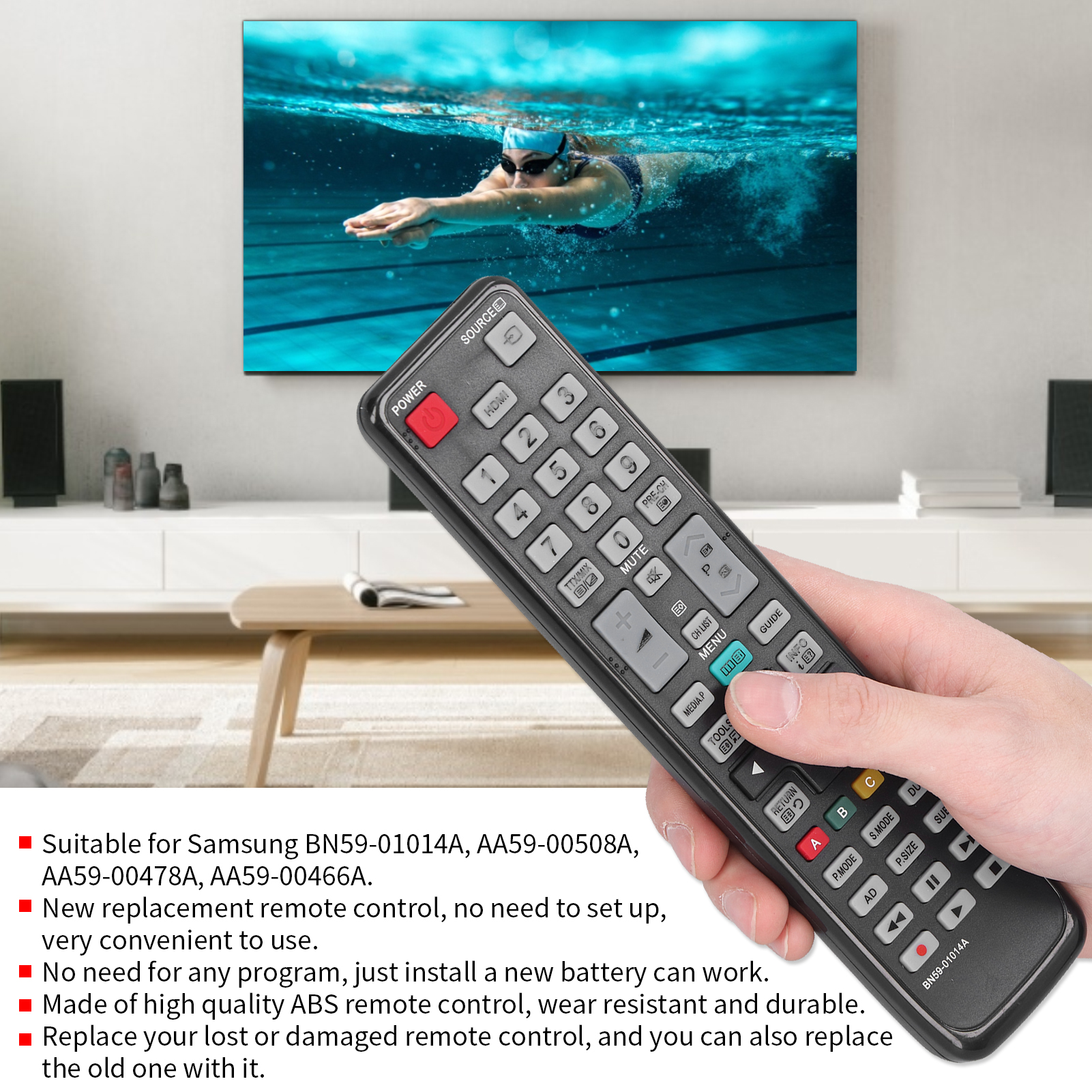 Schwarze Fernbedienung mit vielen Knöpfen. Text im Bild. Ein Fernsehbildschirm mit Schwimmer.