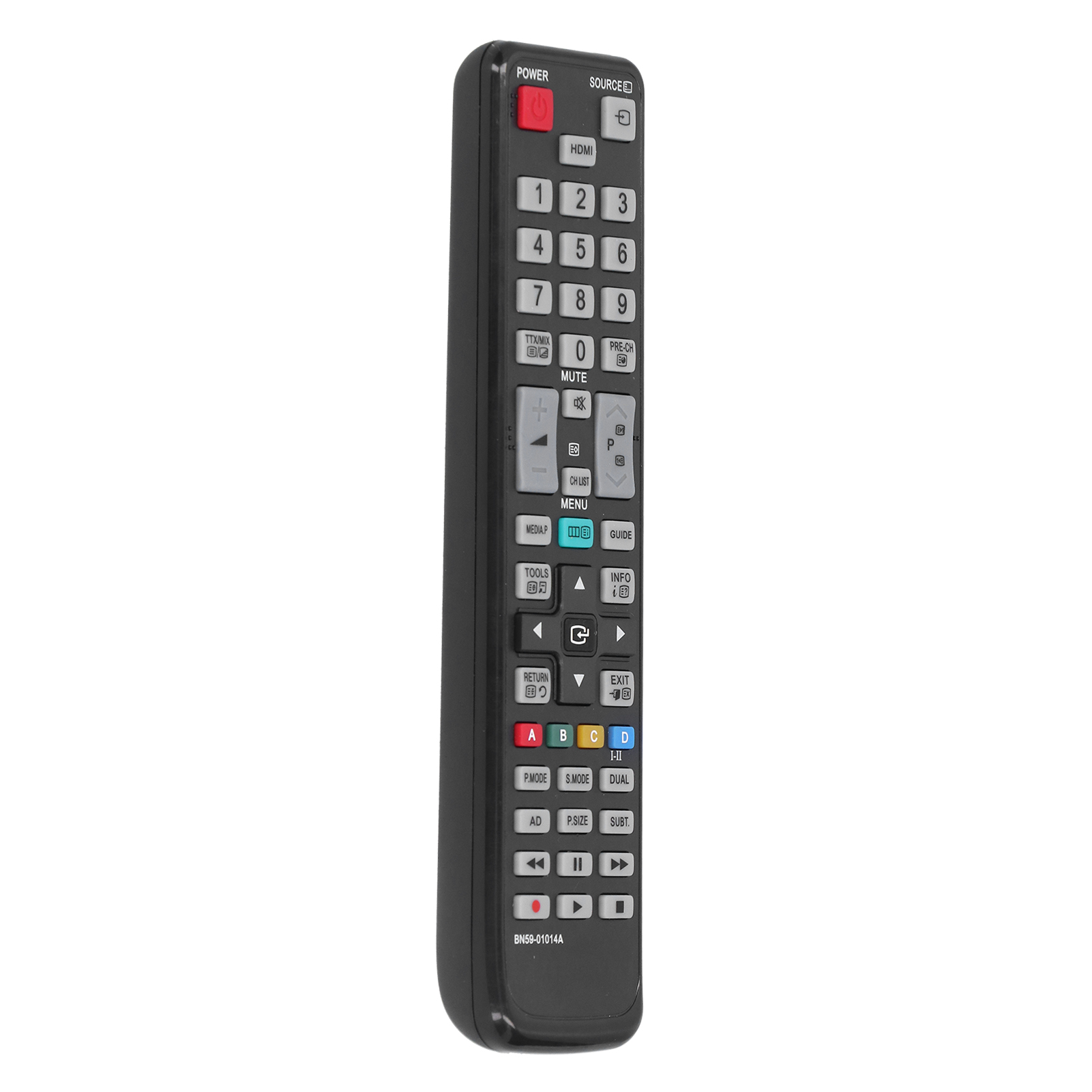 Eine schwarze TV-Fernbedienung mit vielen Tasten, schräg auf weißem Hintergrund platziert.