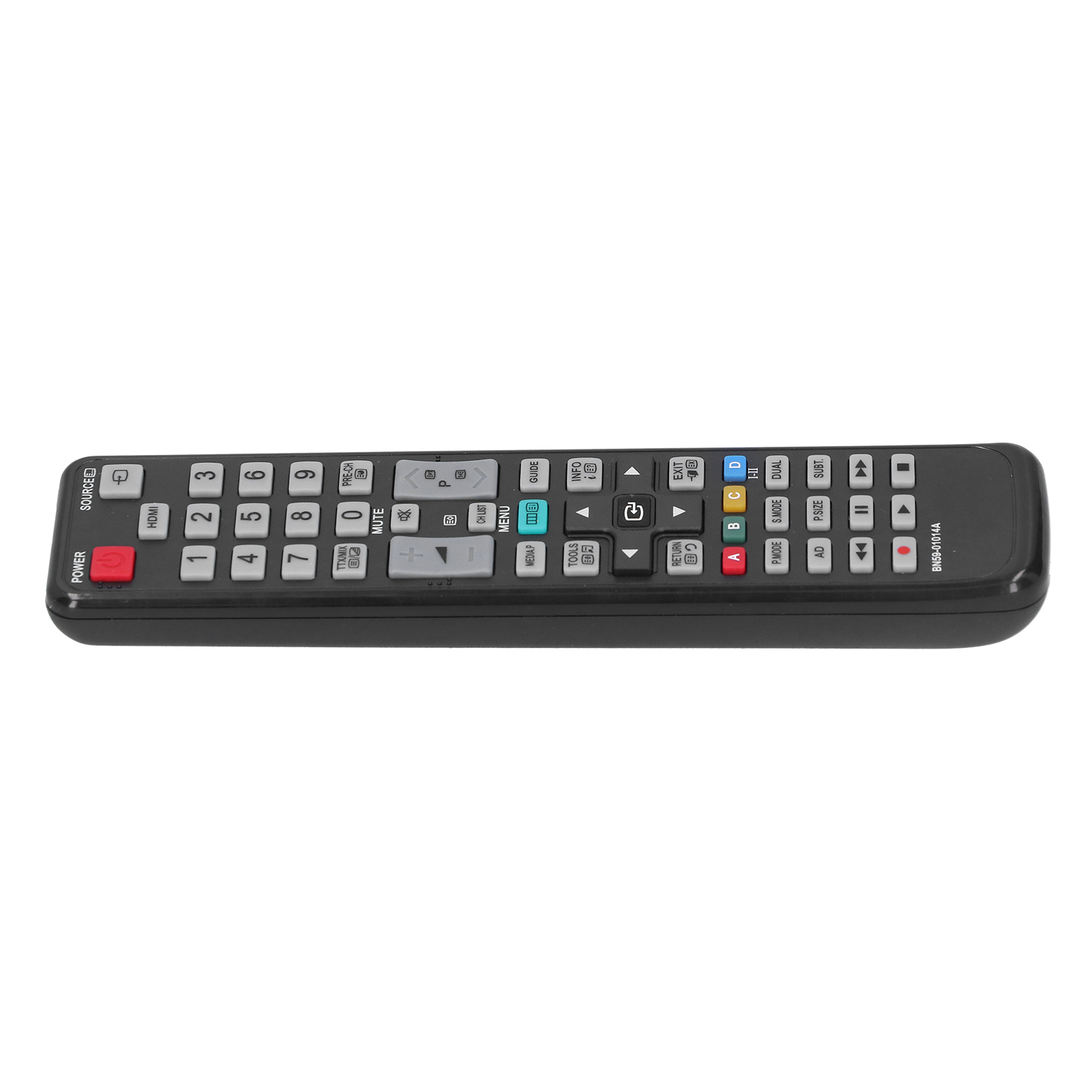 Schwarze TV-Fernbedienung mit vielen Tasten, einschließlich Zahlen und Lautstärkereglern, auf weißem Hintergrund.