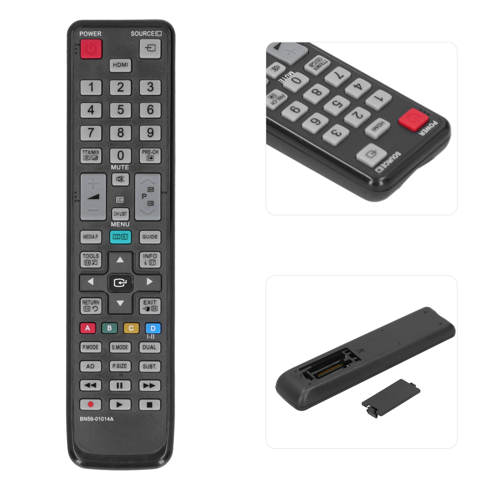 Drei Bilder einer schwarzen TV-Fernbedienung, einschließlich Nahaufnahmen von Tasten und Batteriefach.