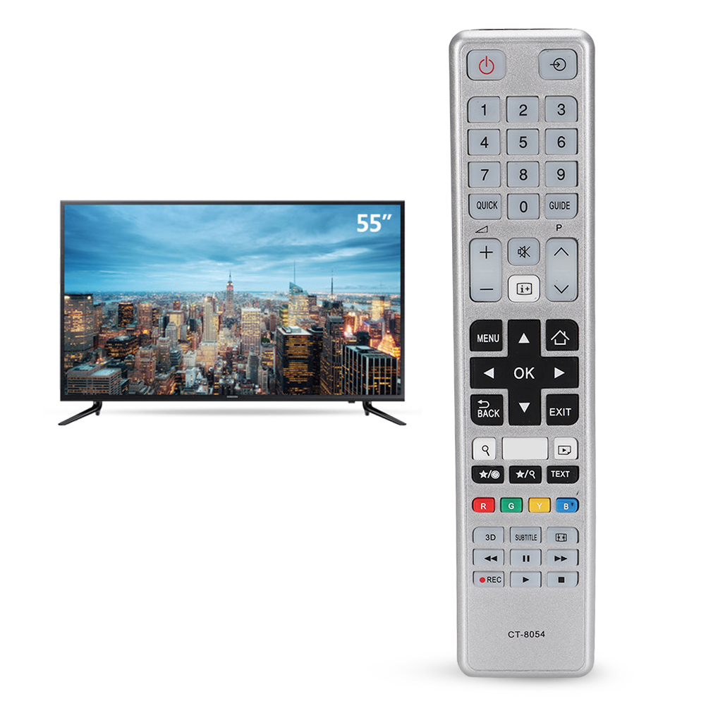 Ein Fernseher und seine Fernbedienung sind im Fokus. Auf dem Bildschirm ist eine Skyline zu sehen.