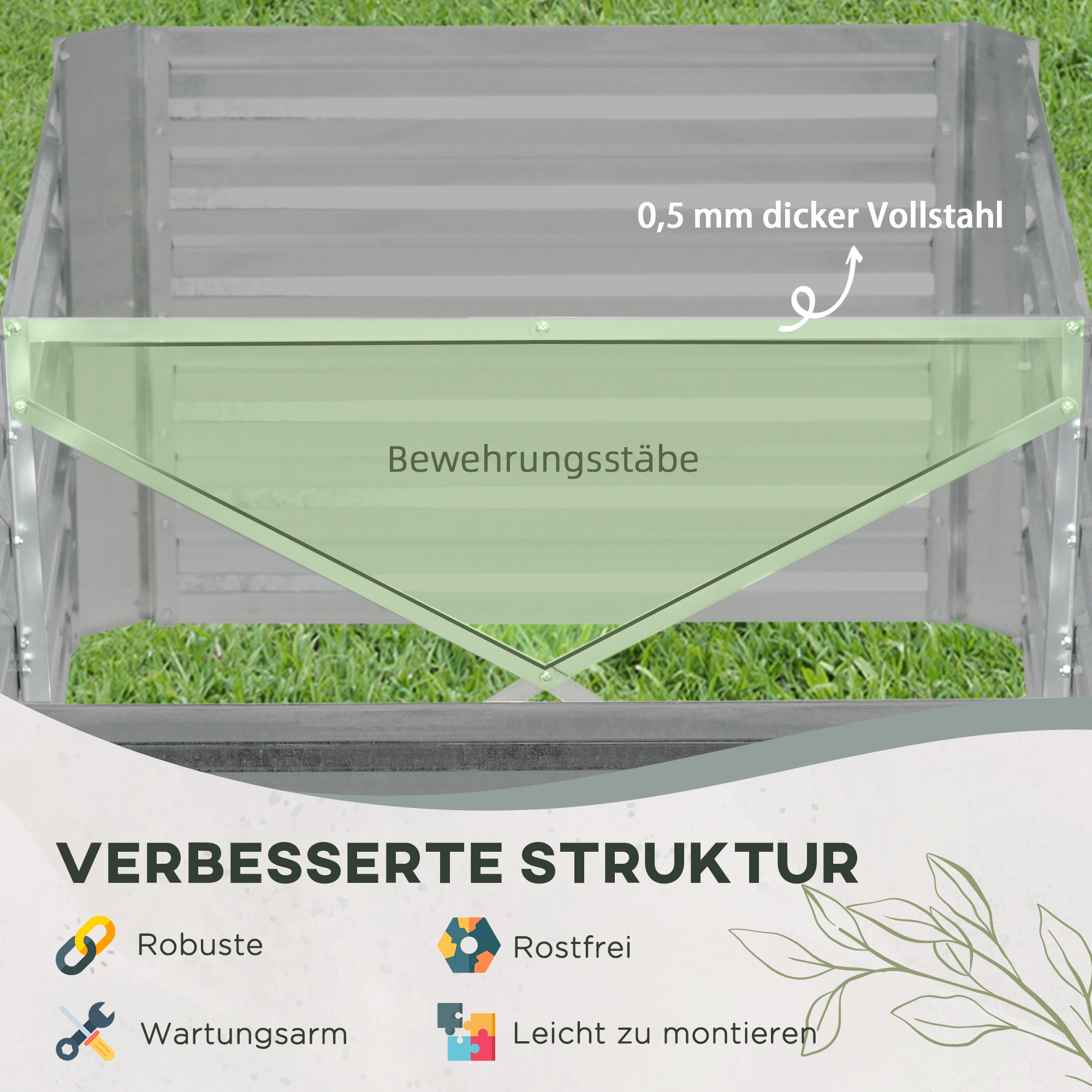 Metallrahmenstruktur. Grünes transparentes Rechteck in der Mitte. Text ist auf Deutsch.