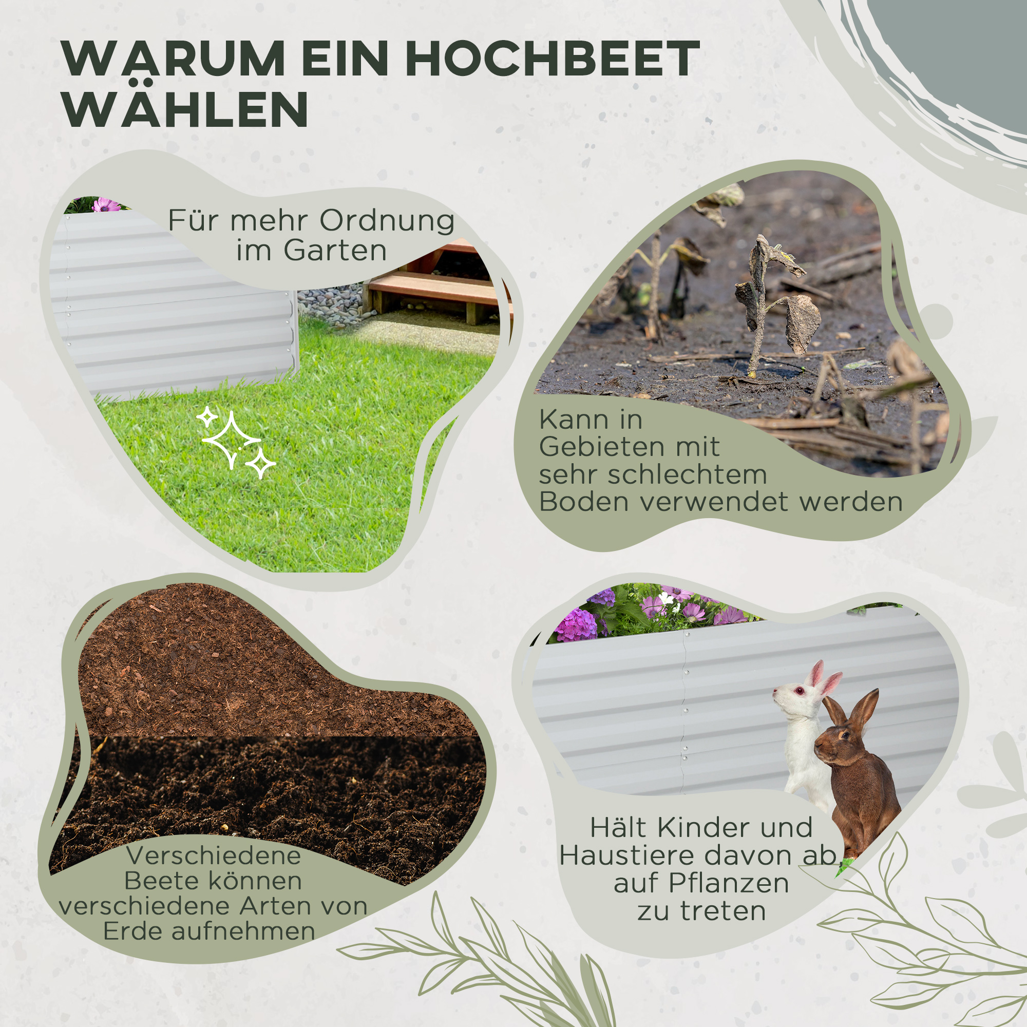 Eine Infografik über Hochbeete. Sie zeigt die Vorteile wie bessere Organisation, Bodennutzung und Schutz für Pflanzen.