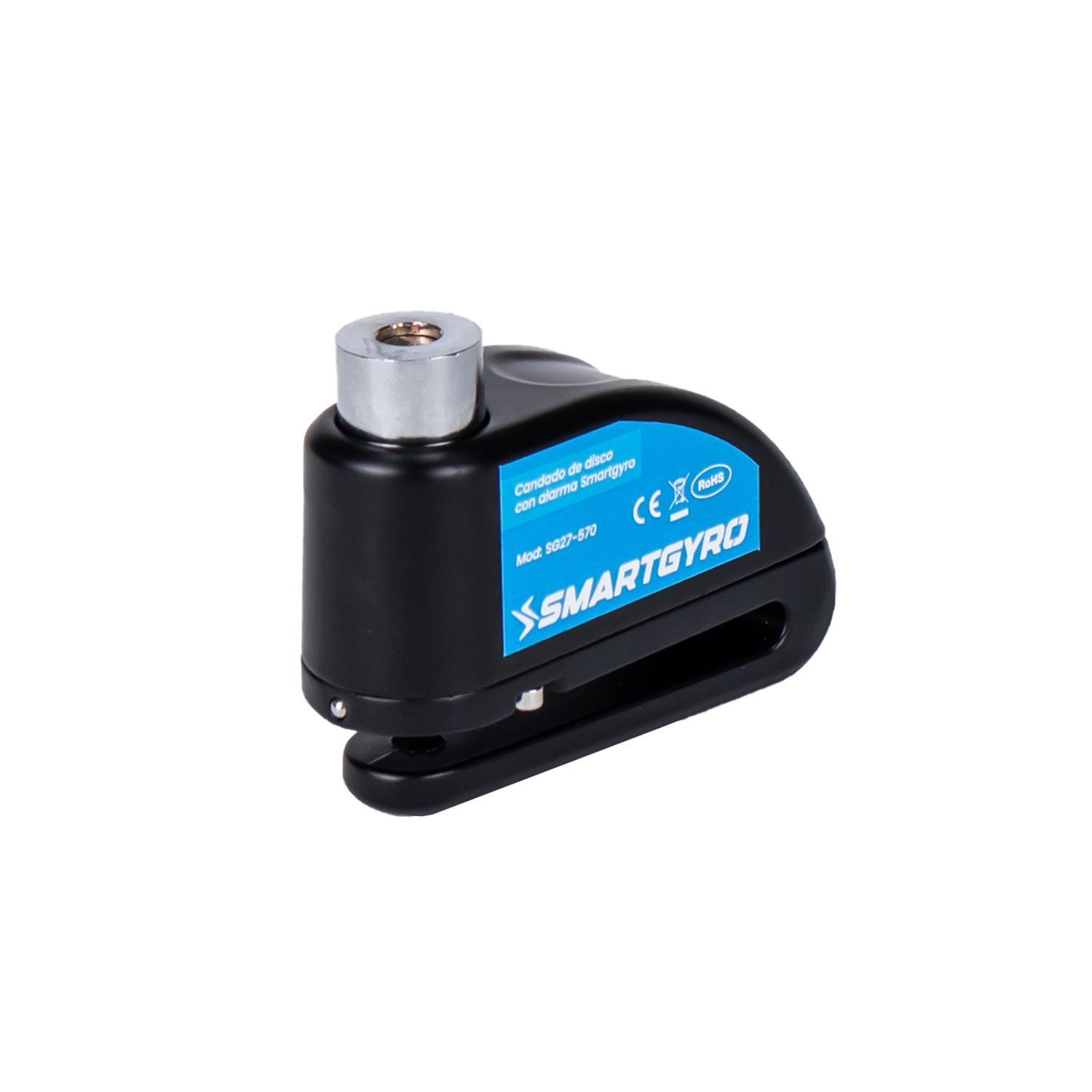 Candado de disco Smartgyro negro con una etiqueta azul, sobre un fondo blanco.
