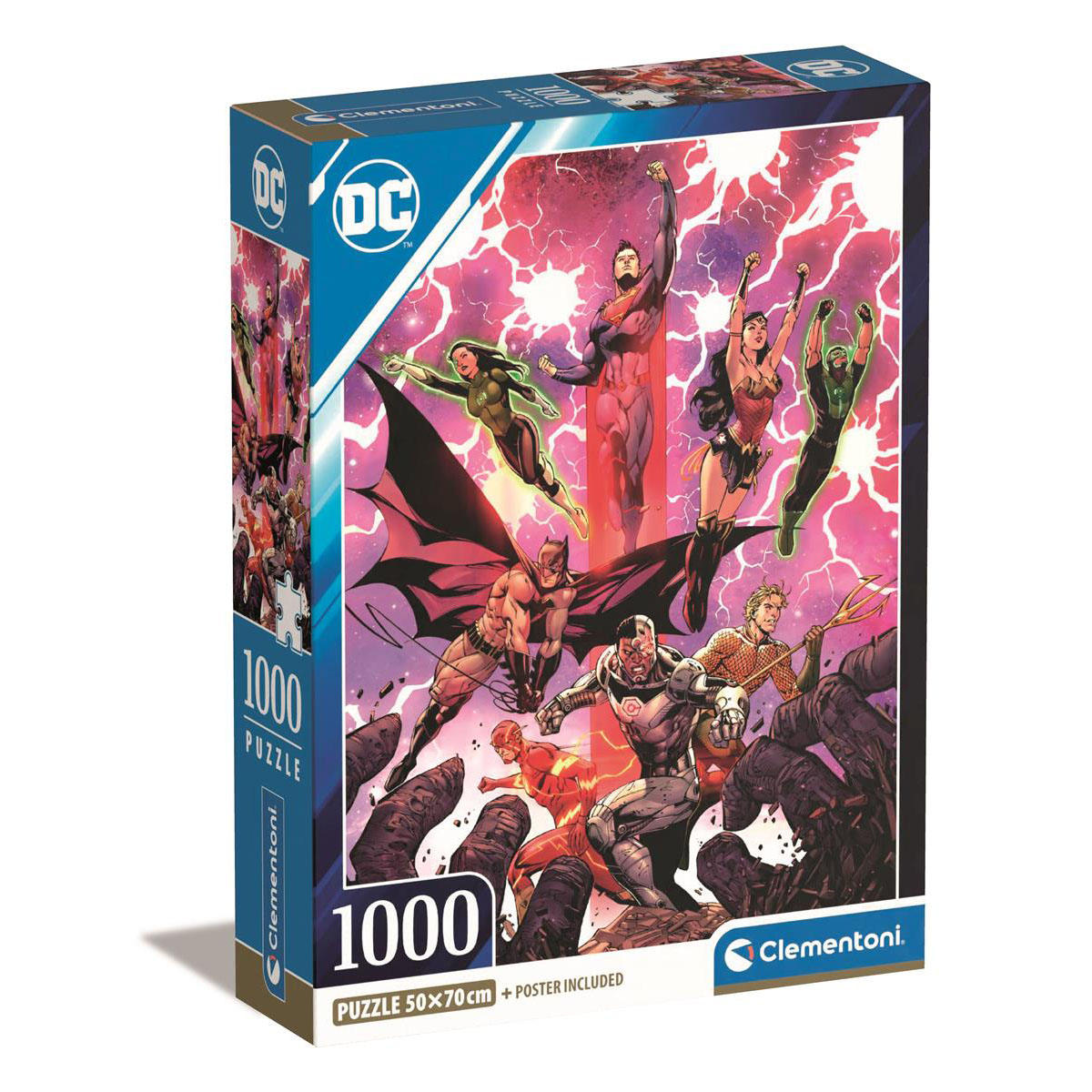 Pudełko z puzzlami z postaciami z komiksów DC. The Flash, Superman, Wonder Woman i inni. 1000 elementów.
