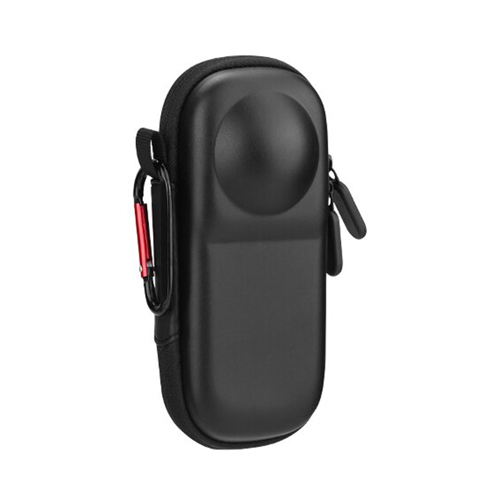 Schwarzes, ovales Etui mit Reißverschluss und rotem Karabiner. Es hat eine abgerundete Oberseite und eine kleine Schlaufe.